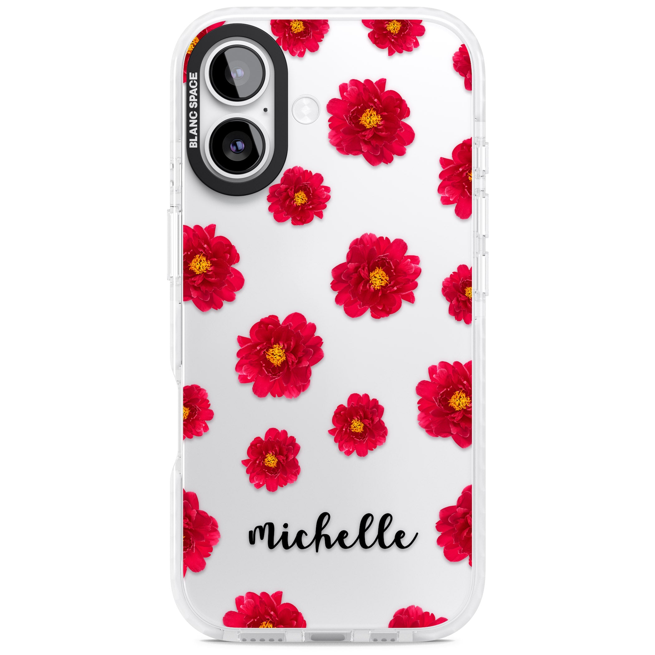 Personalised Red Peonies & Cursive iPhone 17 Impact Clear Phone Case