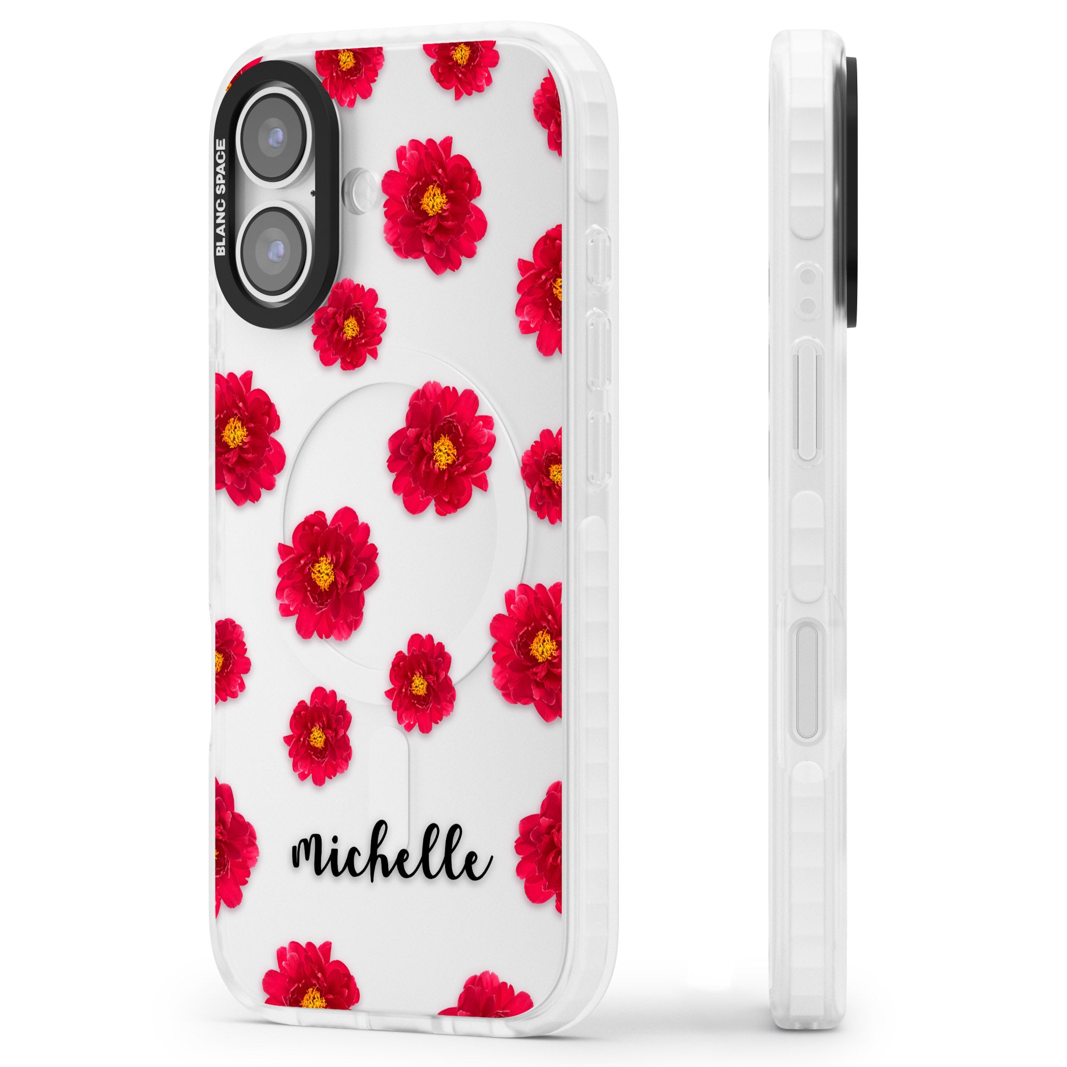 Personalised Red Peonies & Cursive iPhone 17 Impact Clear Phone Case Side Profile