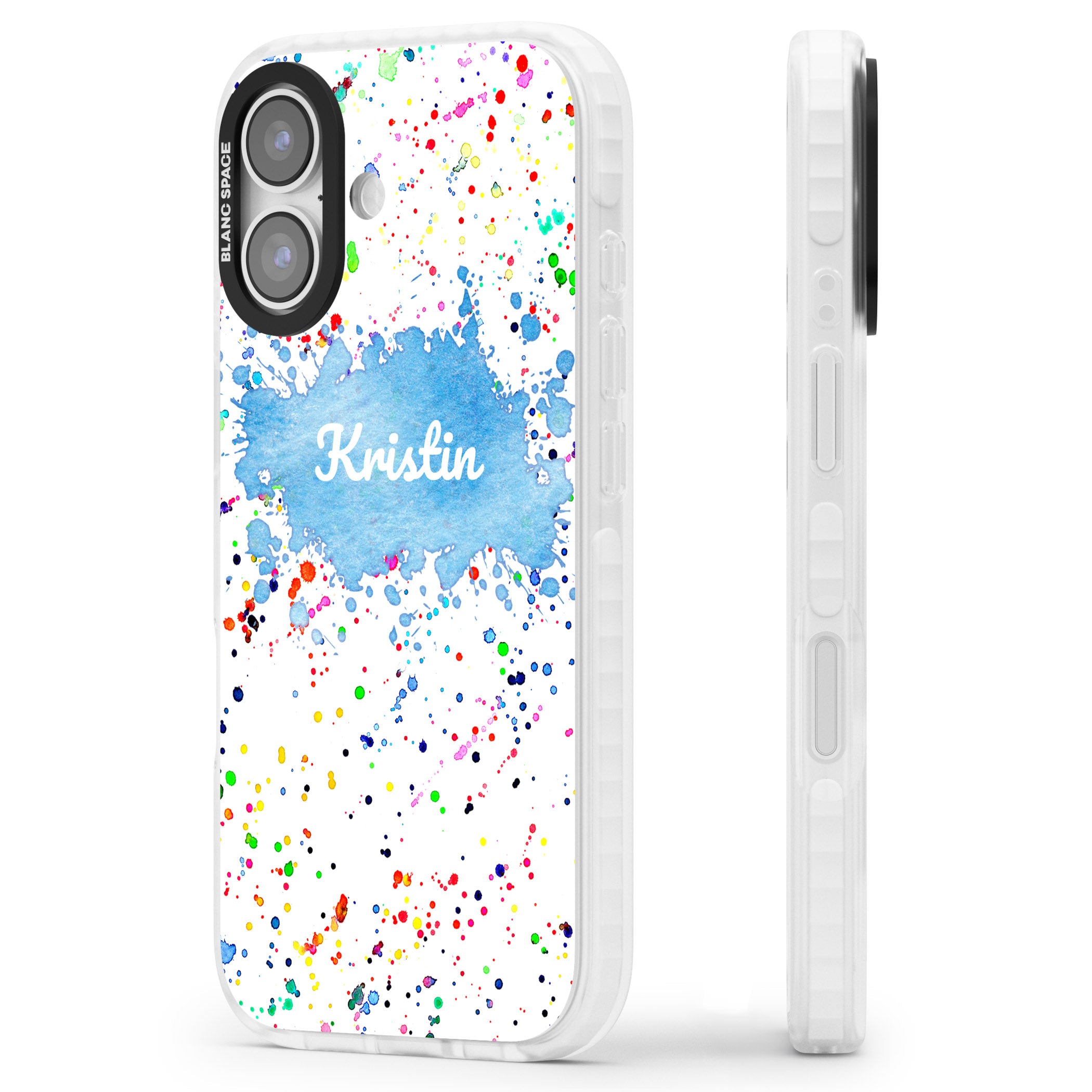 Personalised Rainbow Splatter Name iPhone 17 Impact Clear Phone Case Side Profile