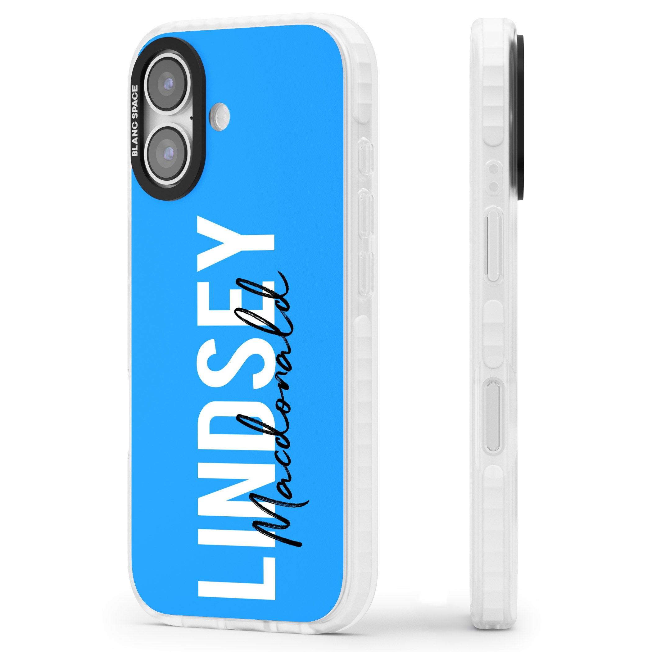 Personalised Bold Name: Blue iPhone 17 Impact Clear Phone Case Side Profile