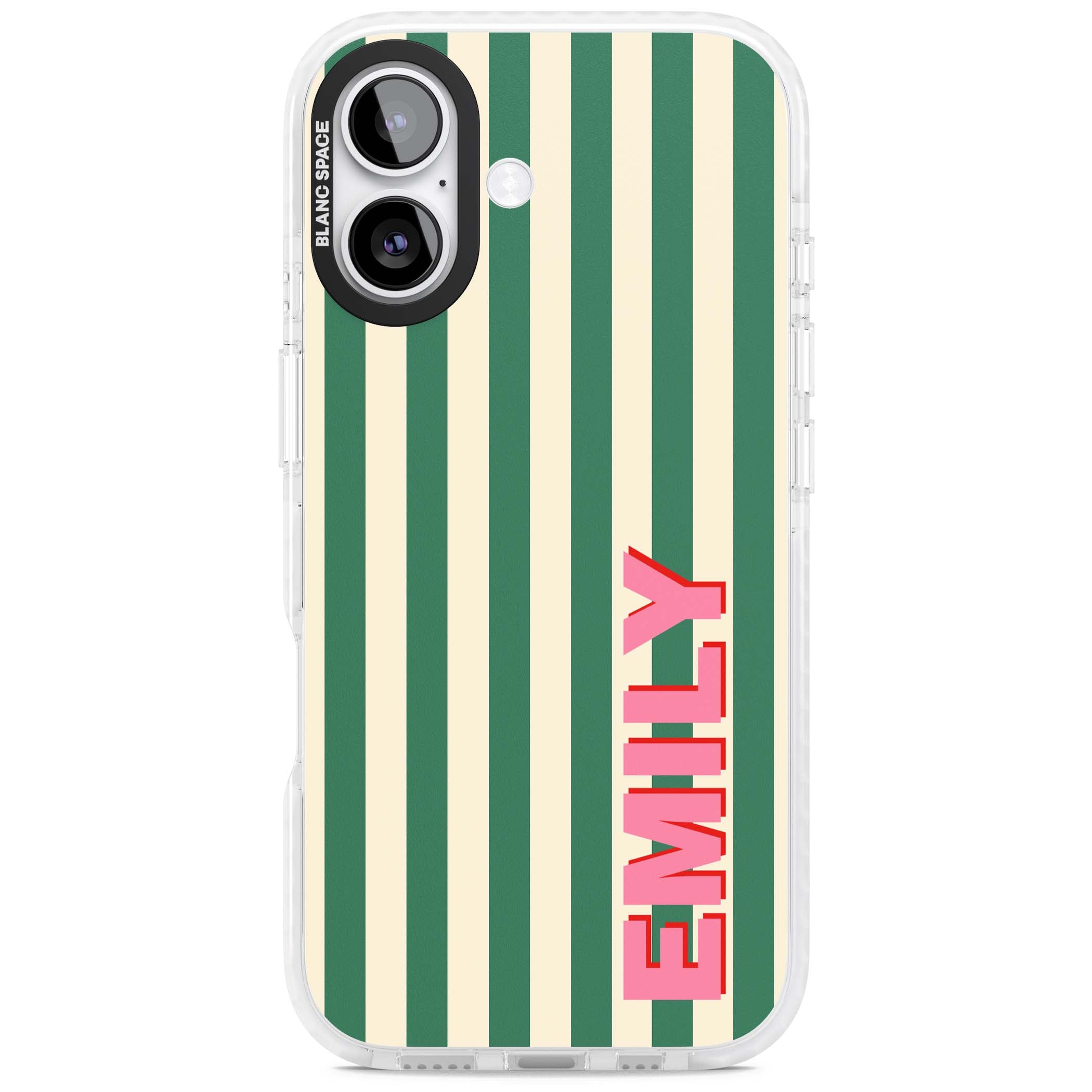 Wimbledon Stripe preppy iPhone case featuring green and cream vertical stripes with a personalised pink name | Black Impact case for iPhone 17