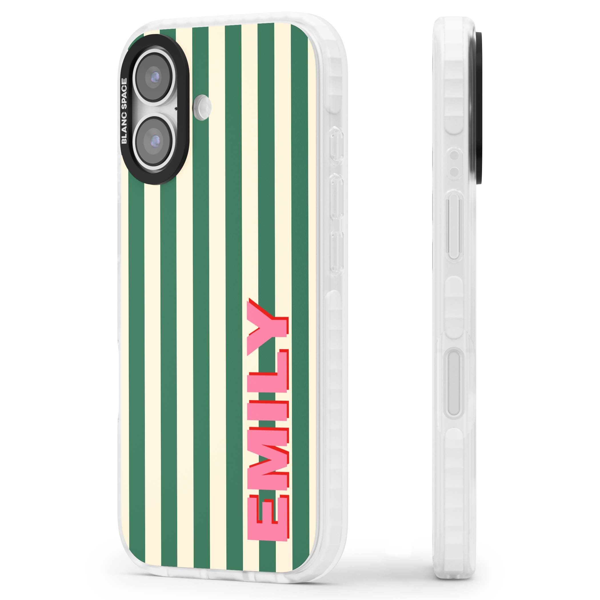 Wimbledon Stripe preppy iPhone case featuring green and cream vertical stripes with a personalised pink name | Black Impact case for iPhone 17