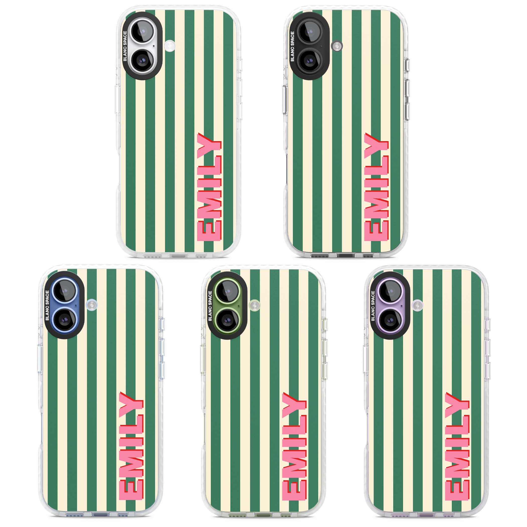 Wimbledon Stripe preppy iPhone case featuring green and cream vertical stripes with a personalised pink name | Black Impact case for iPhone 17