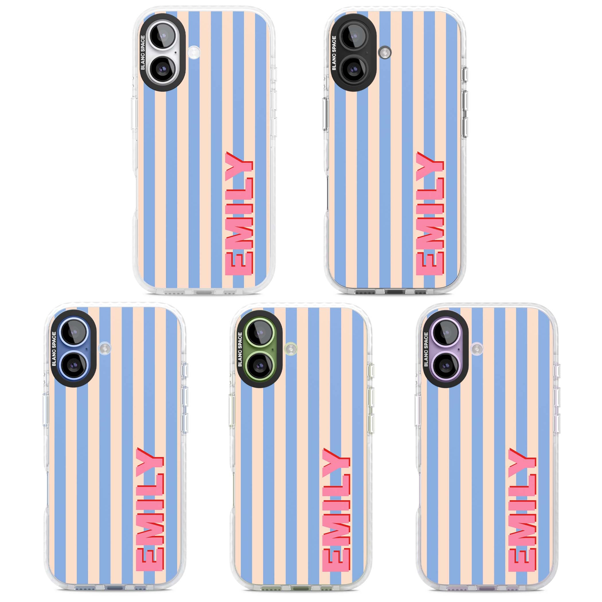 Coastal Stripe personalised coastal iPhone case with blue and peach vertical stripes and custom pink name | Black Impact case for iPhone 17