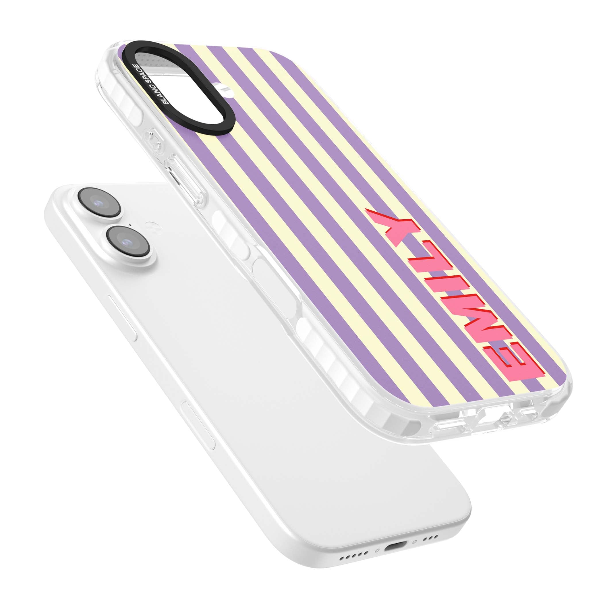 Valensole Stripe personalised iPhone case with purple and cream vertical stripes and pink custom name | Black Impact case for iPhone 17