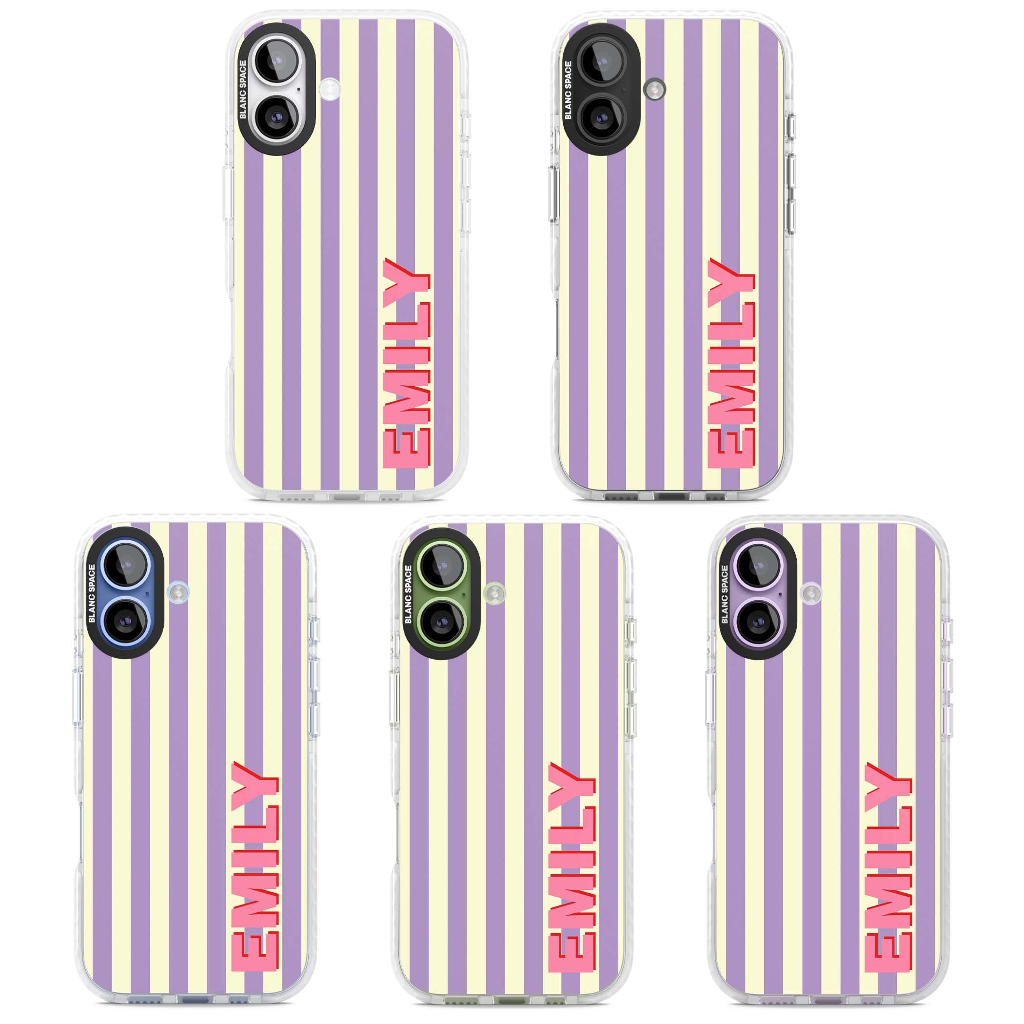 Valensole Stripe personalised iPhone case with purple and cream vertical stripes and pink custom name | Black Impact case for iPhone 17