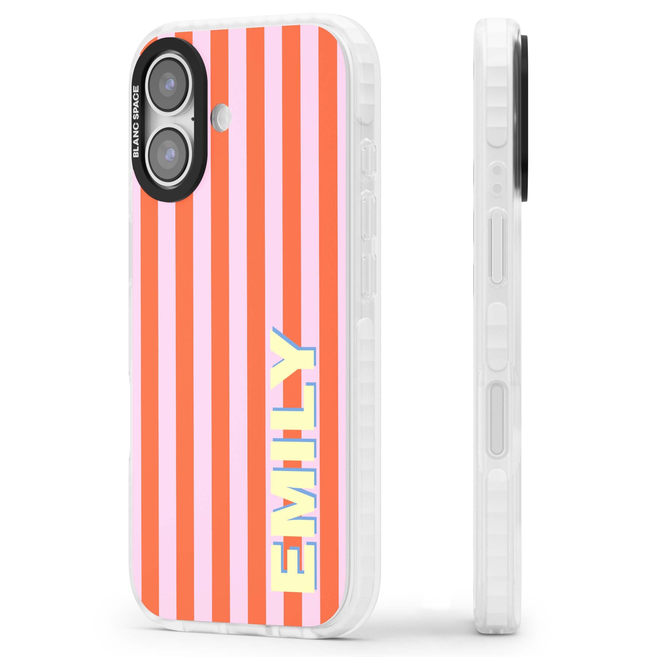 Havana Stripe personalised iPhone case featuring pink and orange vertical stripes with a custom yellow name | Black Impact case for iPhone 17