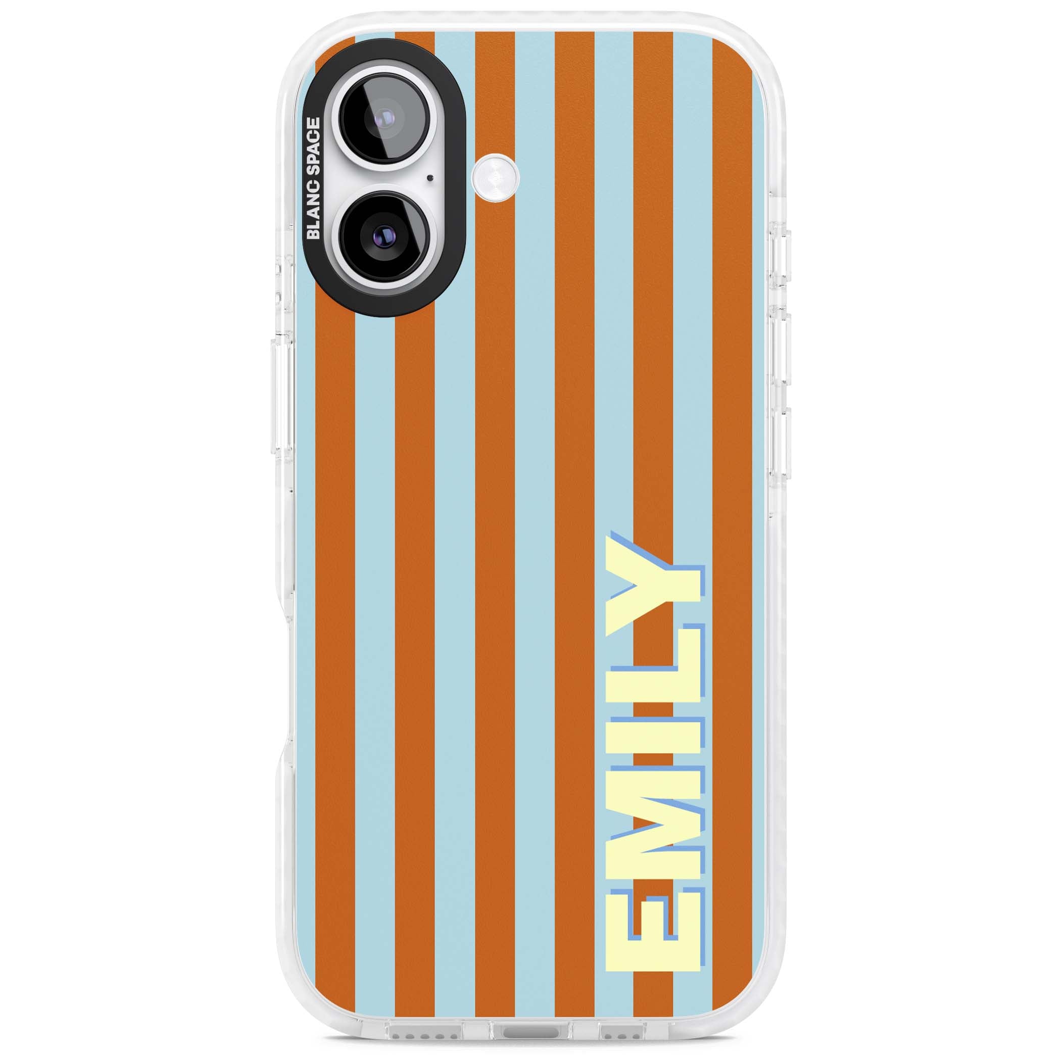 Cappadocia Stripe personalised coastal iPhone case featuring blue and orange vertical stripes with custom cream name | Black Impact case for iPhone 17