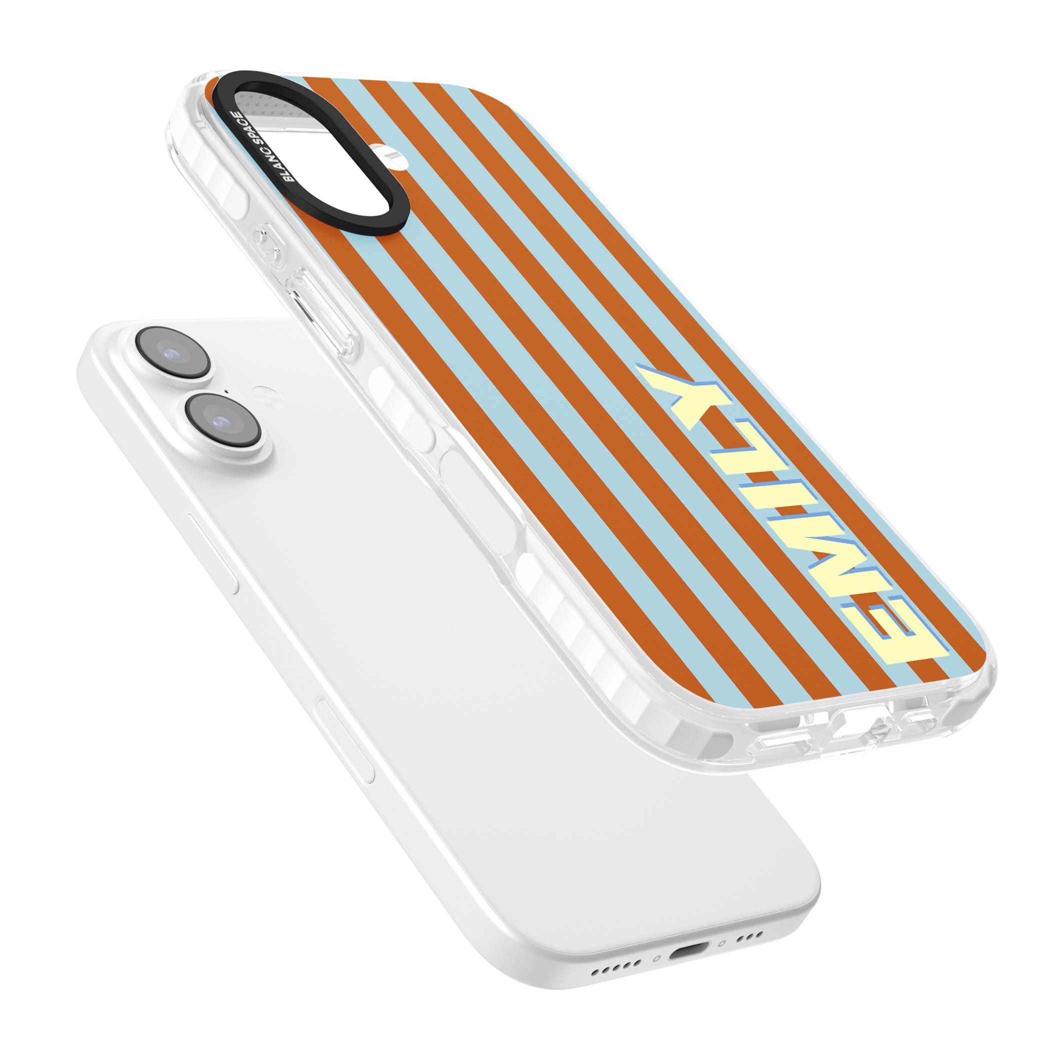 Cappadocia Stripe personalised coastal iPhone case featuring blue and orange vertical stripes with custom cream name | Black Impact case for iPhone 17