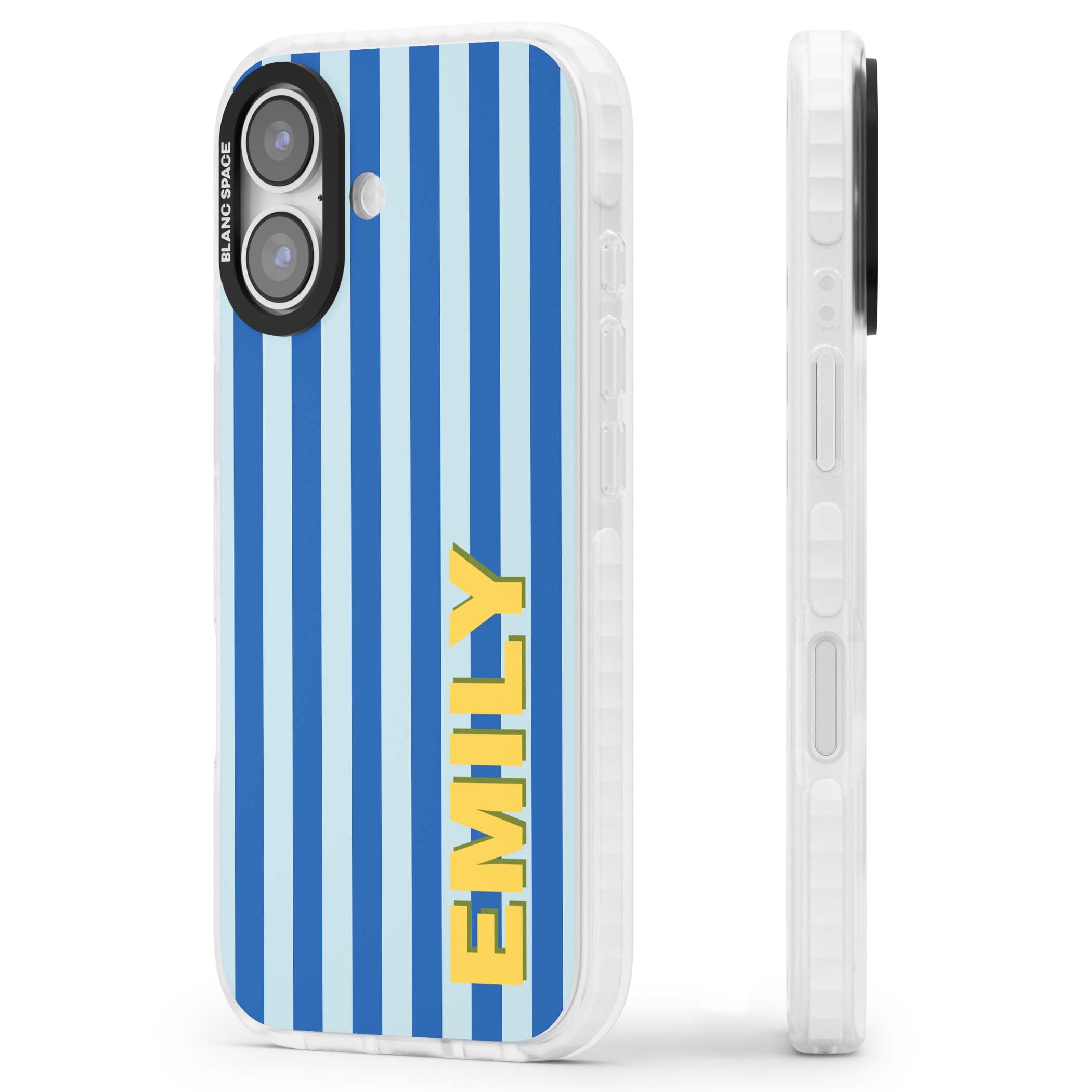 Athenian Stripe personalised preppy iPhone case featuring blue vertical stripes and a custom yellow name | Black Impact case for iPhone 17