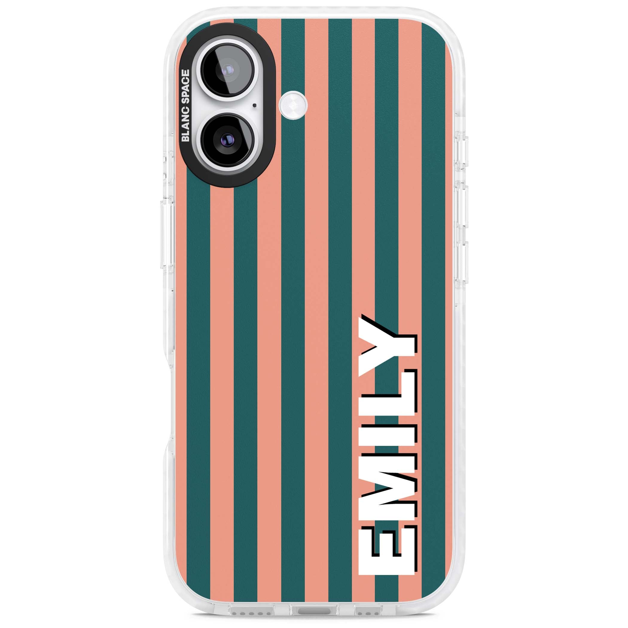 Tuscan Stripe personalised iPhone case featuring coral and green vertical stripes with bold custom name | Black Impact case for iPhone 17