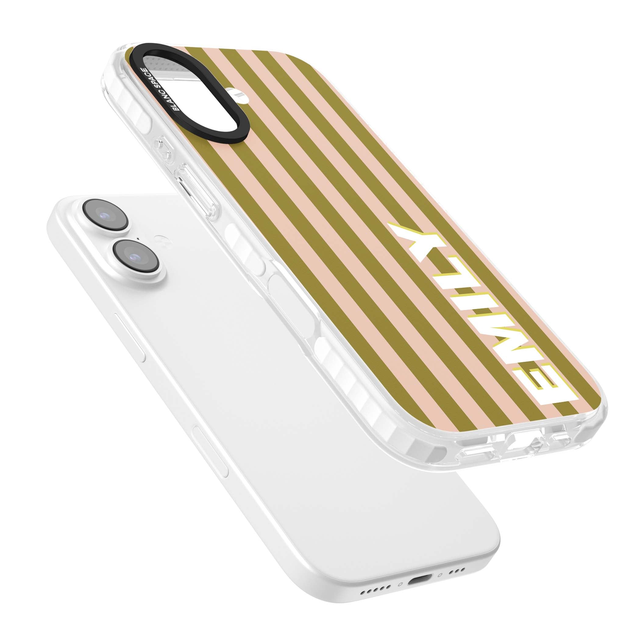 Indian Stripe personalised iPhone case featuring olive green and blush pink vertical stripes with custom name in whit | Black Impact case for iPhone 17