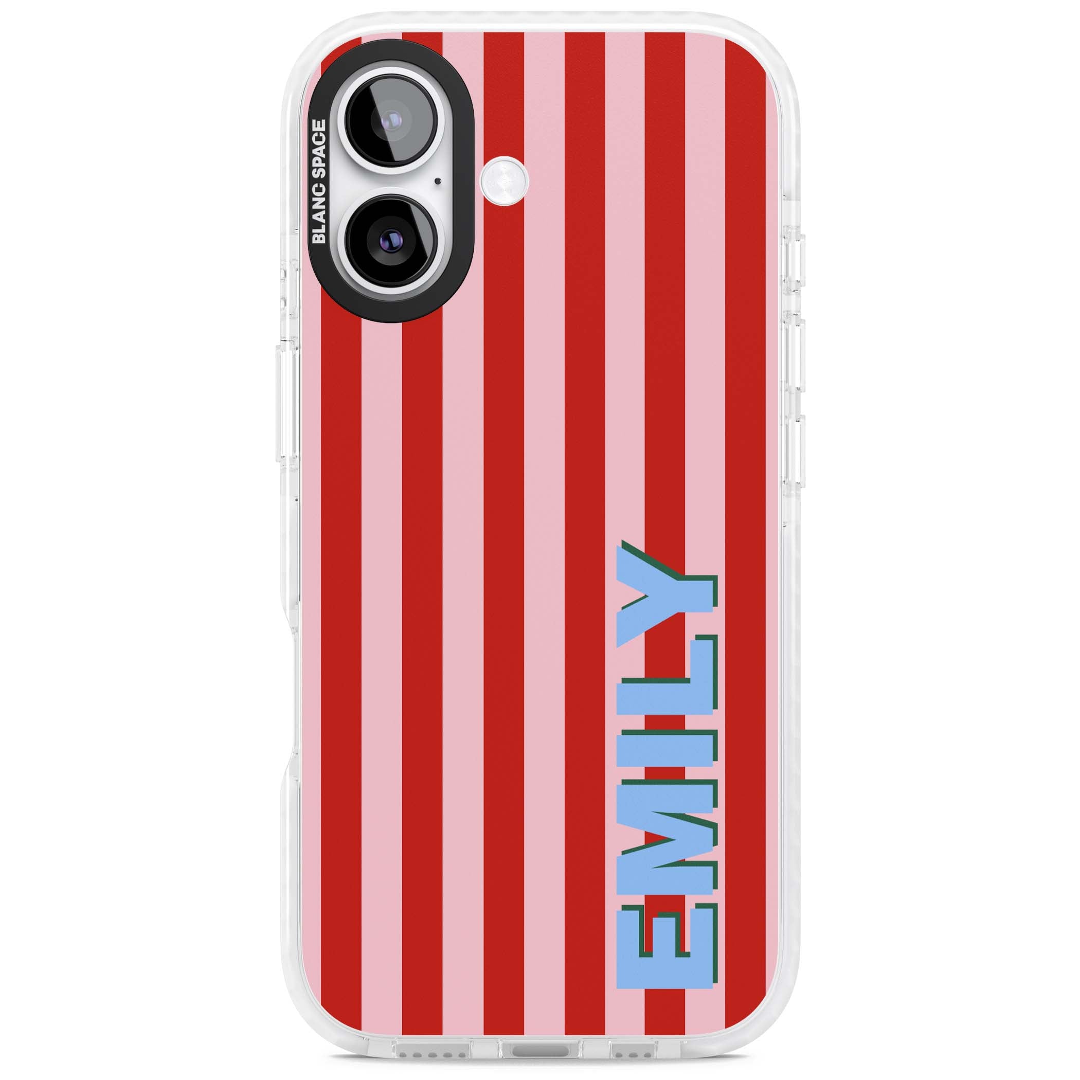 Market Stripe personalised iPhone case with red and pink vertical stripes and custom blue name | Black Impact case for iPhone 17