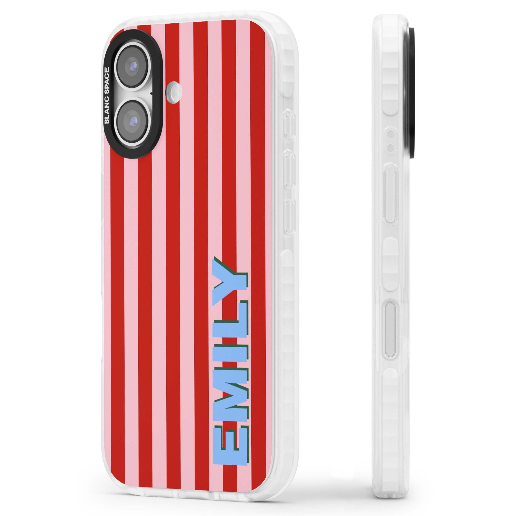 Market Stripe personalised iPhone case with red and pink vertical stripes and custom blue name | Black Impact case for iPhone 17