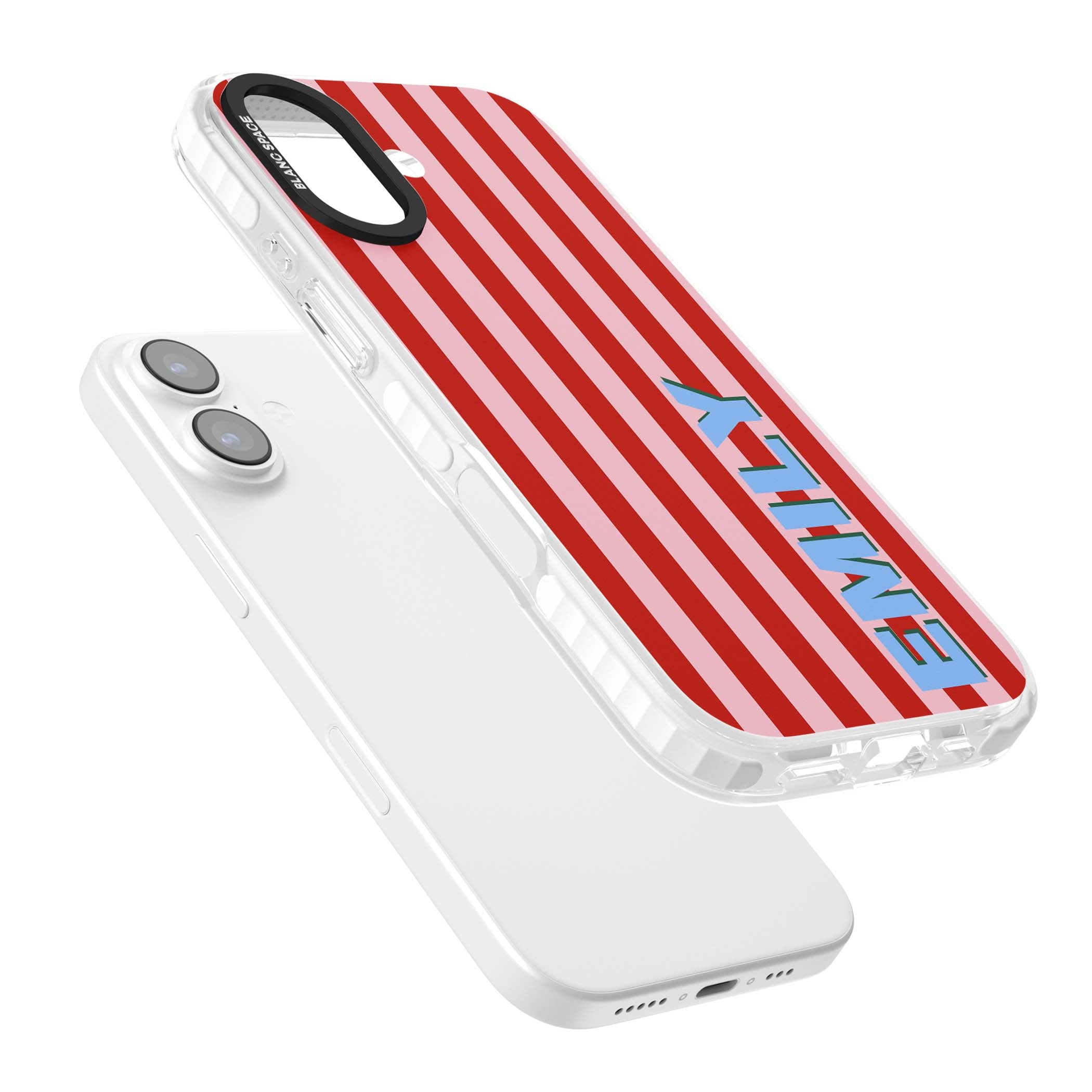 Market Stripe personalised iPhone case with red and pink vertical stripes and custom blue name | Black Impact case for iPhone 17