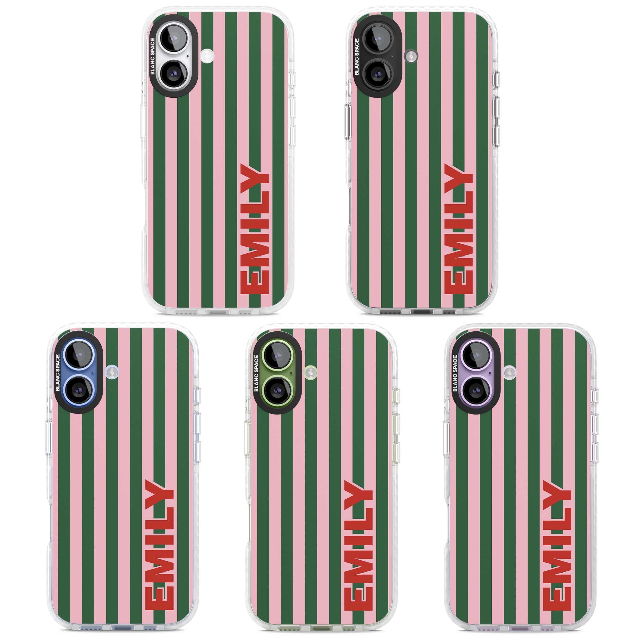 Italian Stripe preppy iPhone case featuring pink and green vertical stripes with personalised red name | Black Impact case for iPhone 17
