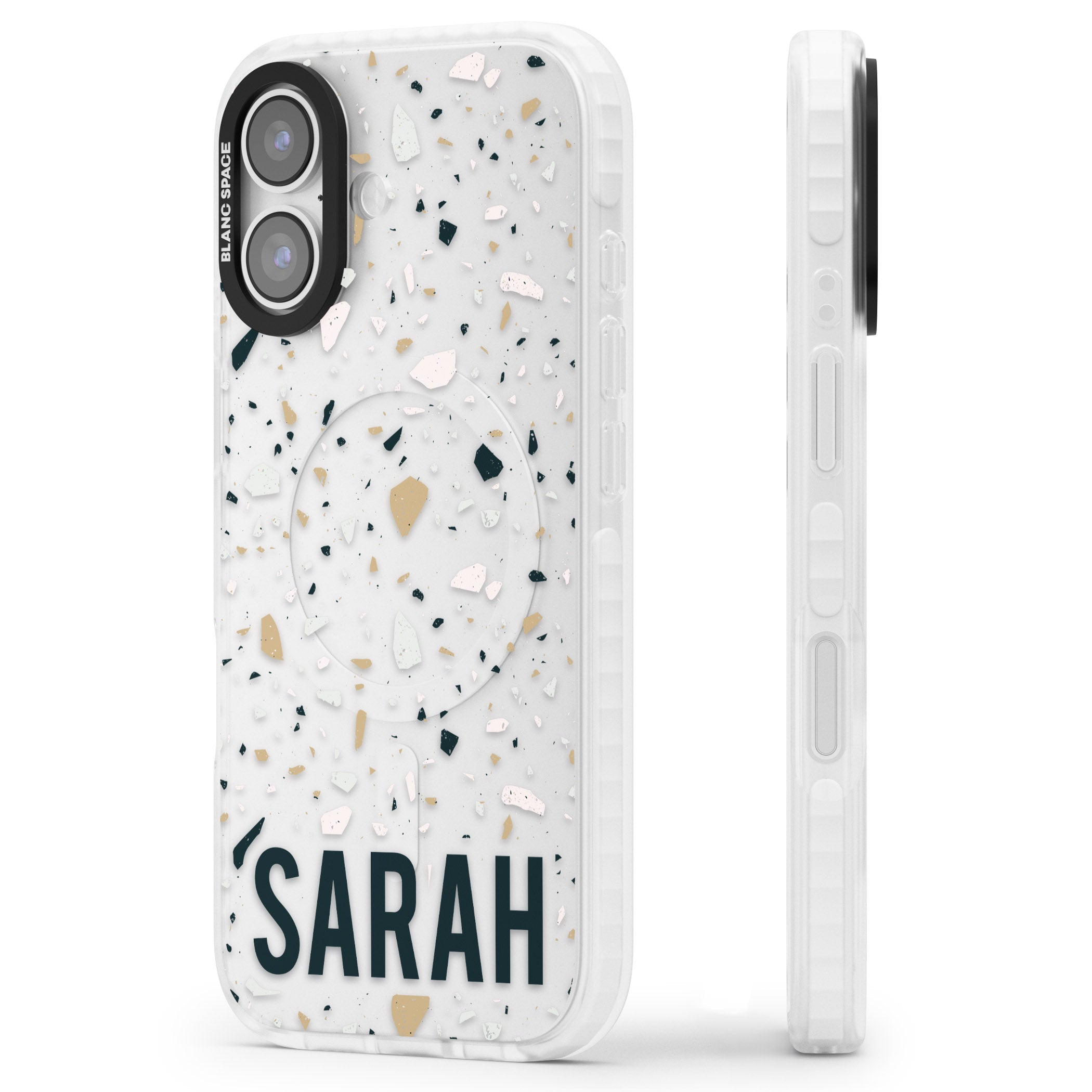 Personalised Terrazzo Blue, Pink, Brown iPhone 17 Impact Clear Phone Case Side Profile