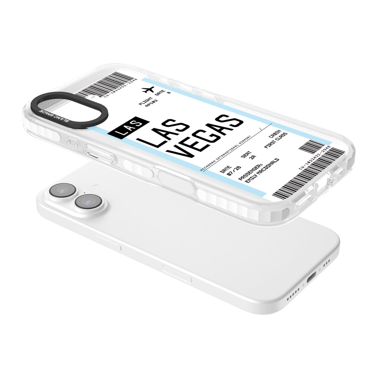 Personalised Las Vegas Boarding Pass iPhone 16 / iPhone 16 Plus / iPhone 17 Impact Clear Phone Case angled