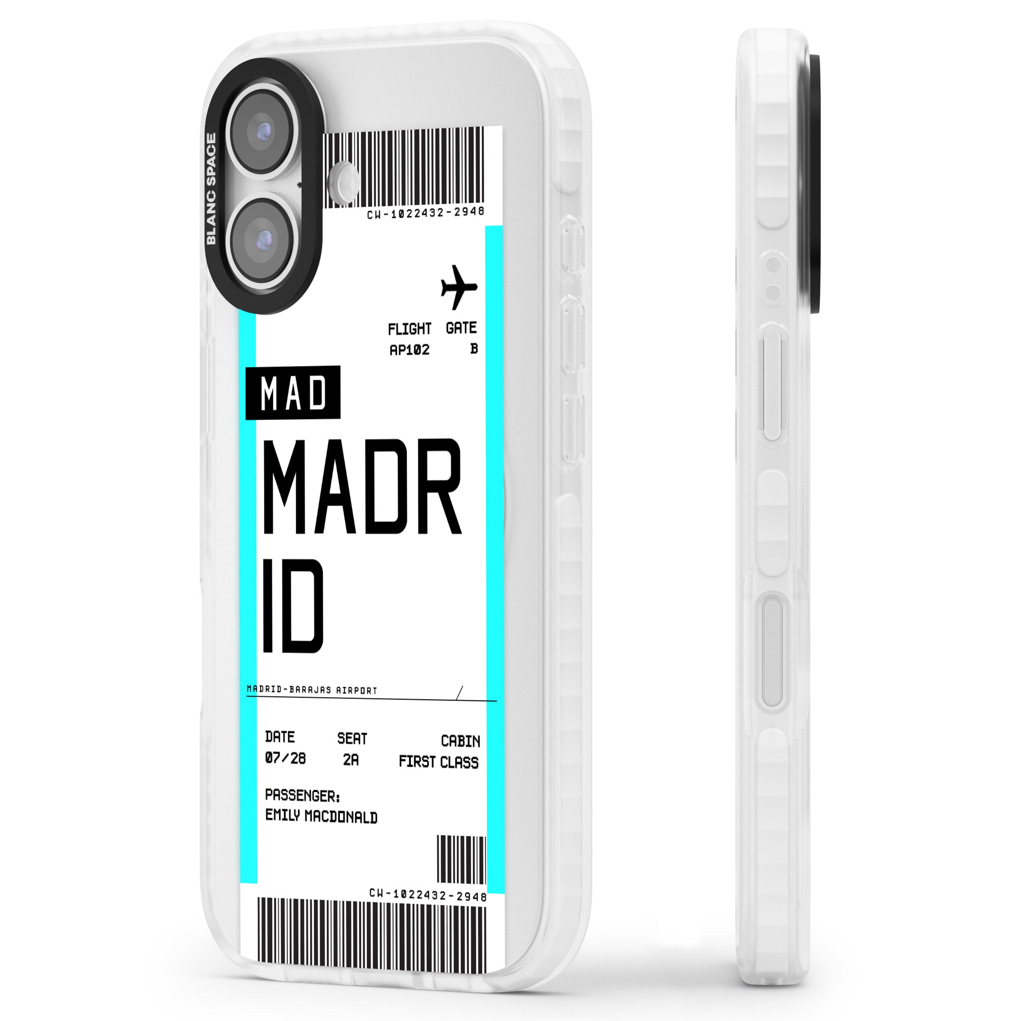Personalised Madrid Boarding Pass iPhone 17 Impact Clear Phone Case Side Profile