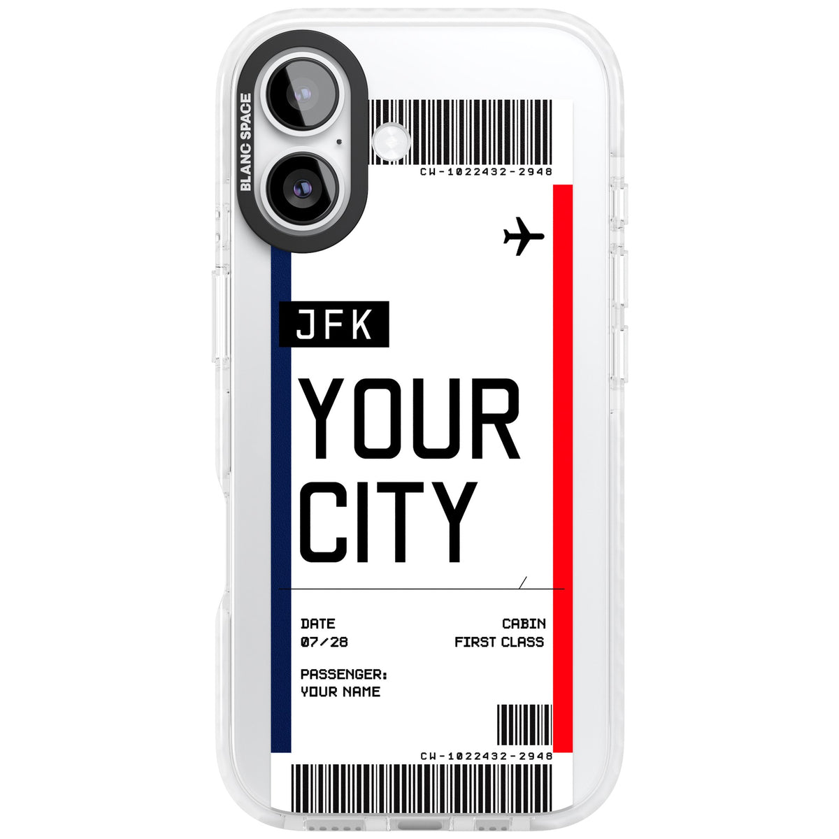 Personalised Create Your Own Boarding Pass Ticket iPhone 16 / iPhone 16 Plus / iPhone 17 Impact Clear Phone Case front