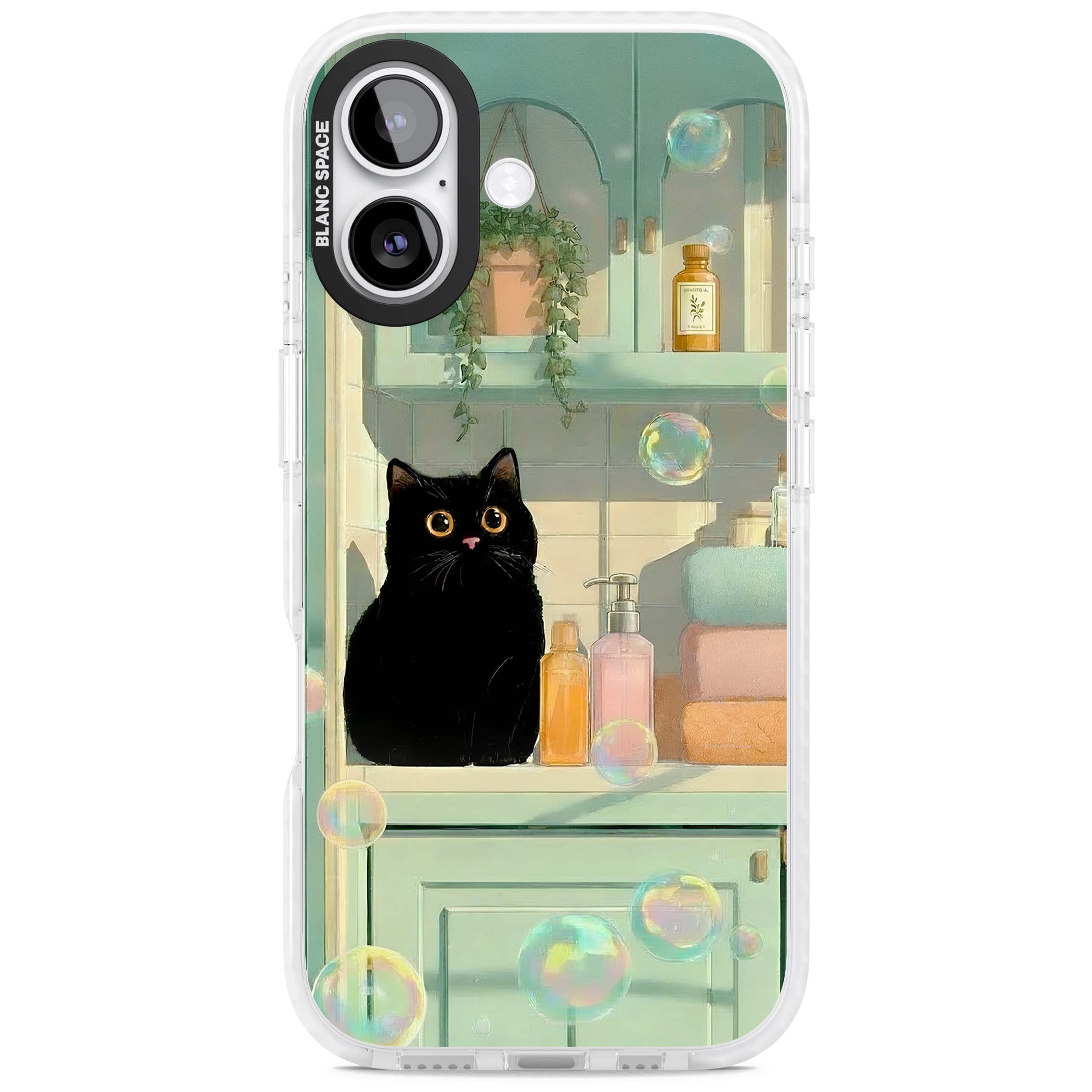 Bathroom Bubble Kitty cottagecore iPhone case featuring a black cat, mint bathroom scene and floating soap bubbles | Black Impact case for iPhone 17