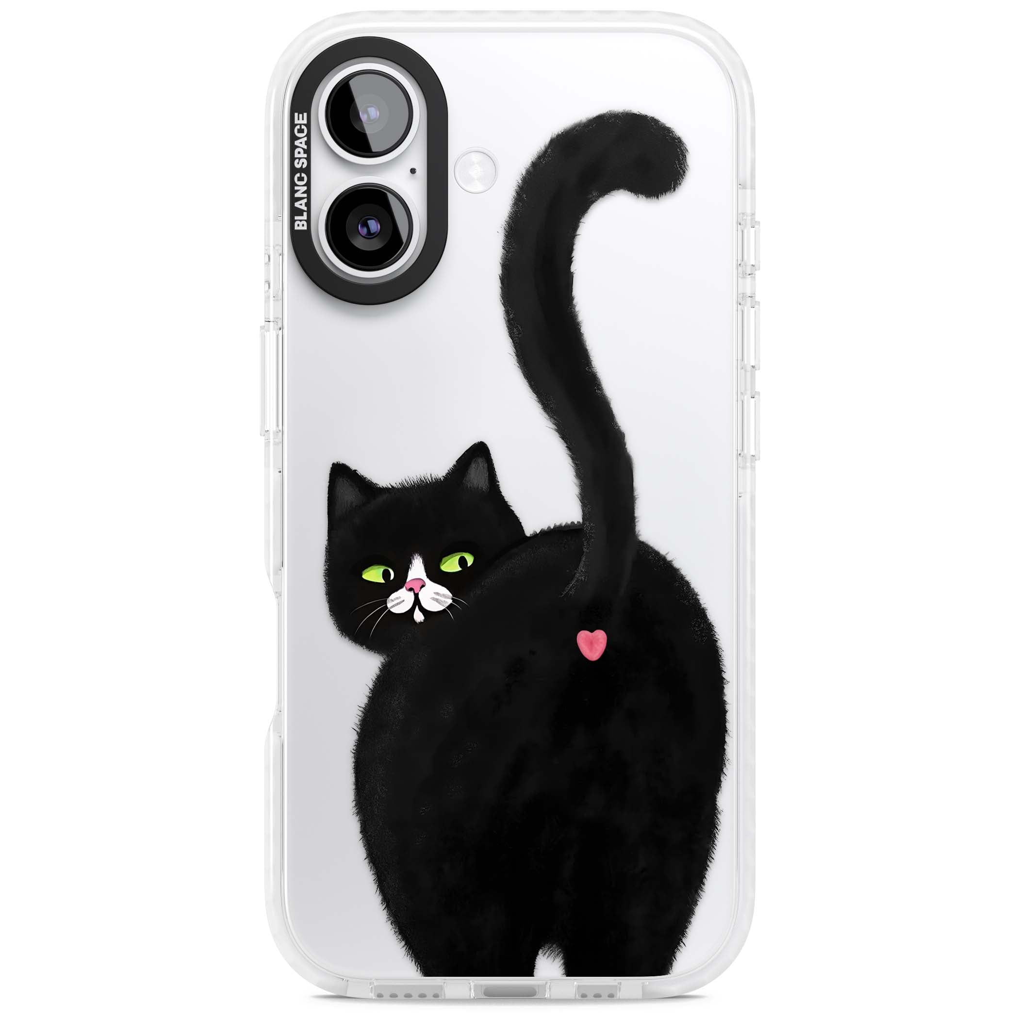 The Cat's Kiss cute cat iPhone case featuring a hand-painted tuxedo kitty with green eyes and a pink heart on a clear | Black Impact case for iPhone 17