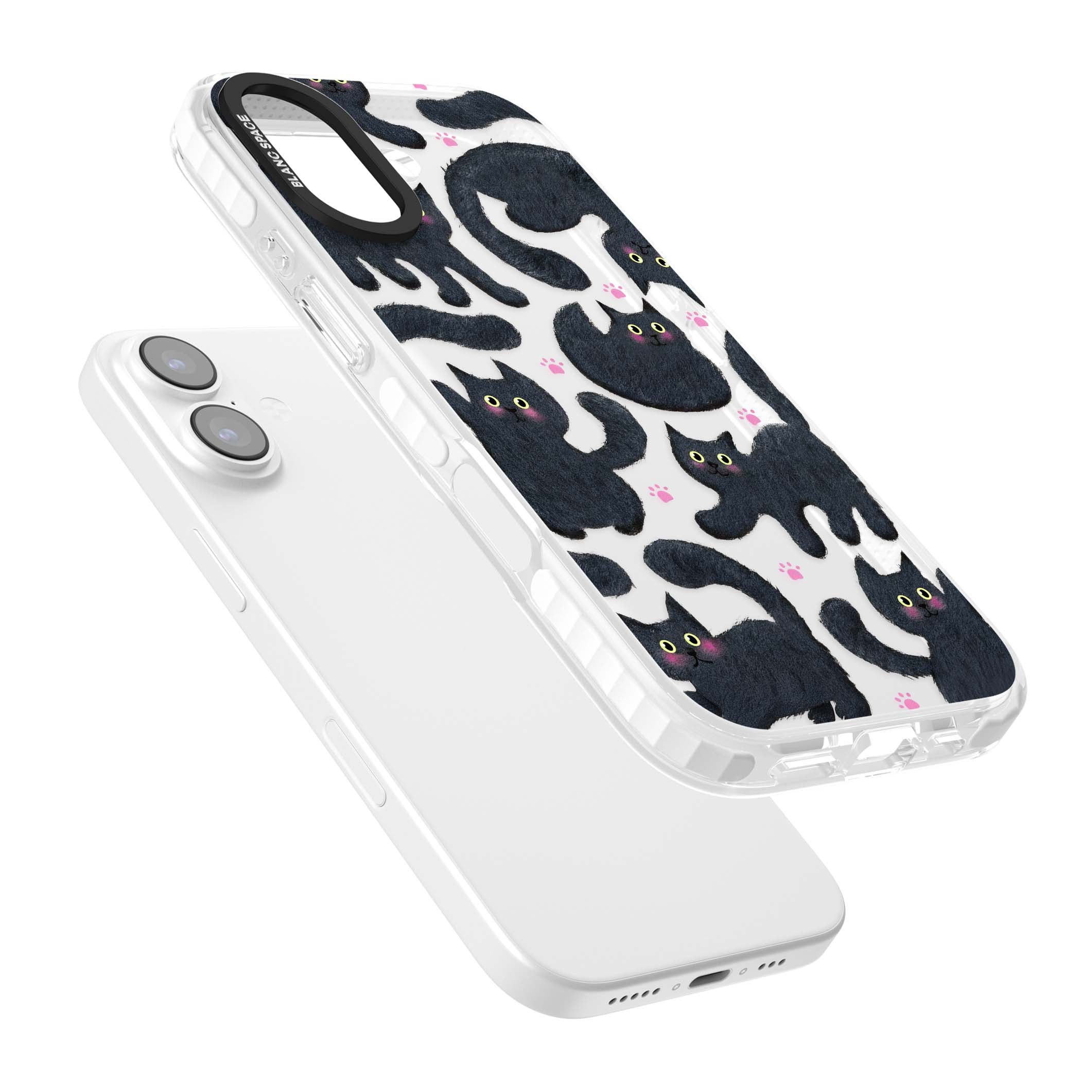 Midnight Cats cute iPhone case featuring black cat pattern with yellow eyes and pink paw prints | Black Impact case for iPhone 17