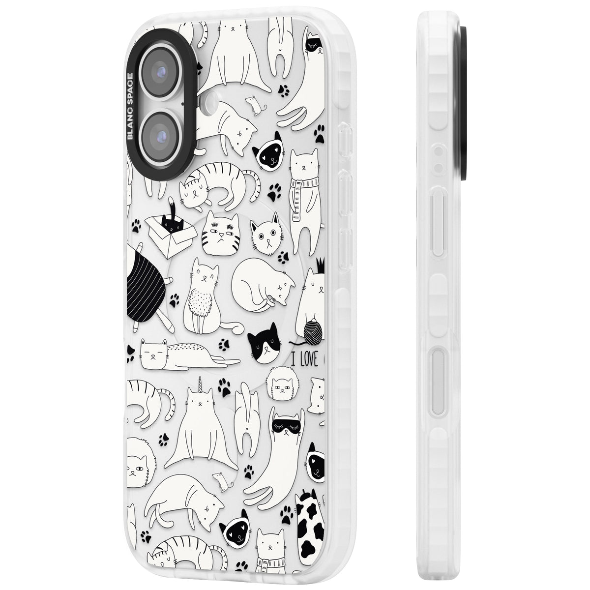 Cartoon Cats (Black & White) iPhone 16 / iPhone 16 Plus / iPhone 17 Impact Clear Phone Case side