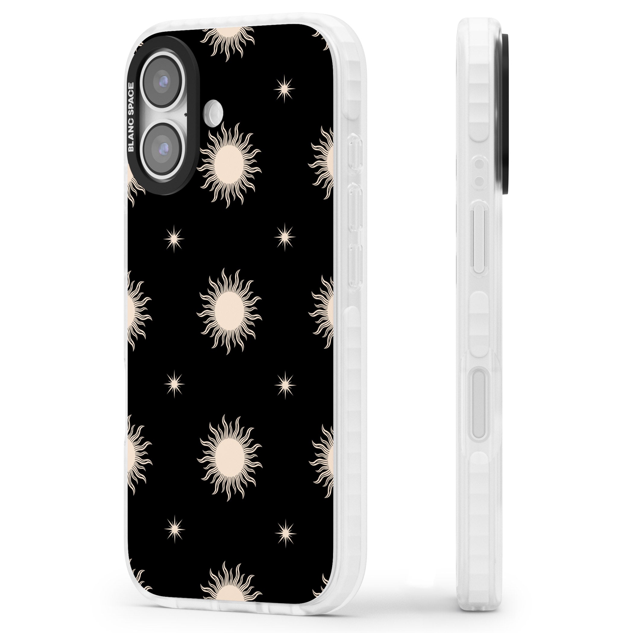 Celestial Patterns Classic Suns (Black) iPhone 17 Impact Clear Phone Case Side Profile