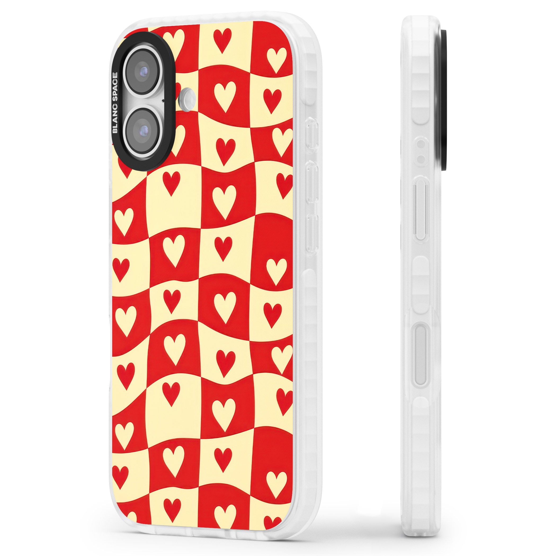 Red Wavy Checked & Hearts iPhone 17 Impact Clear Phone Case Side Profile