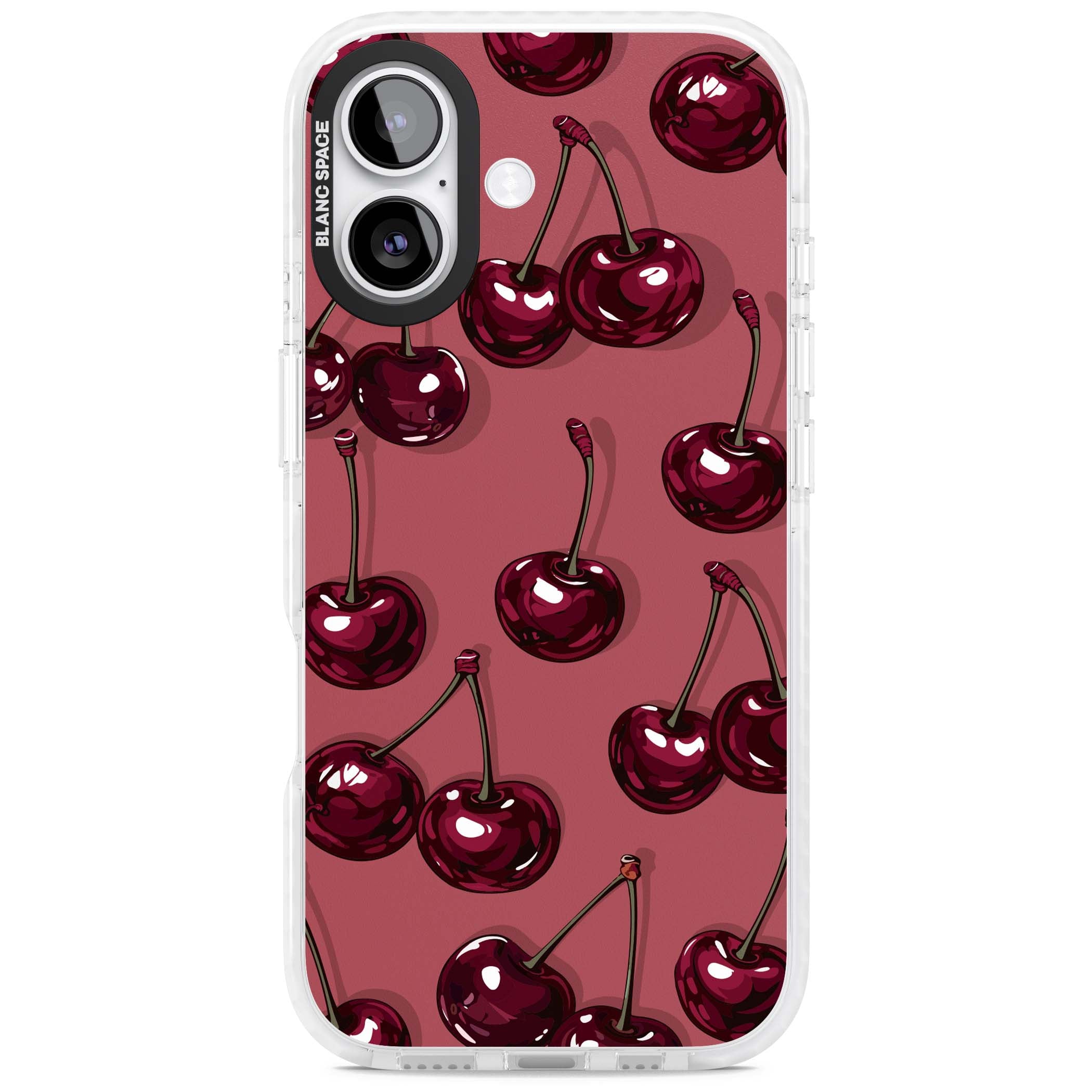 Cherry Rebel coquette iPhone case featuring glossy burgundy cherries on a dusty rose background | Black Impact case for iPhone 17