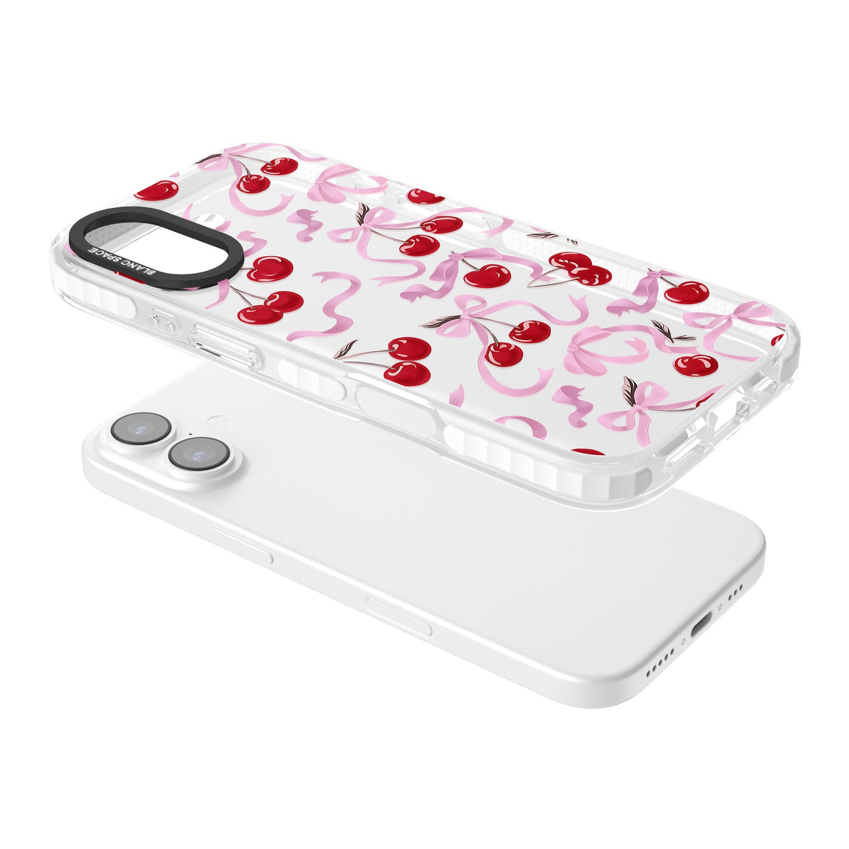 Pink Bow & Cherries iPhone 16 / iPhone 16 Plus / iPhone 17 Impact Clear Phone Case angled