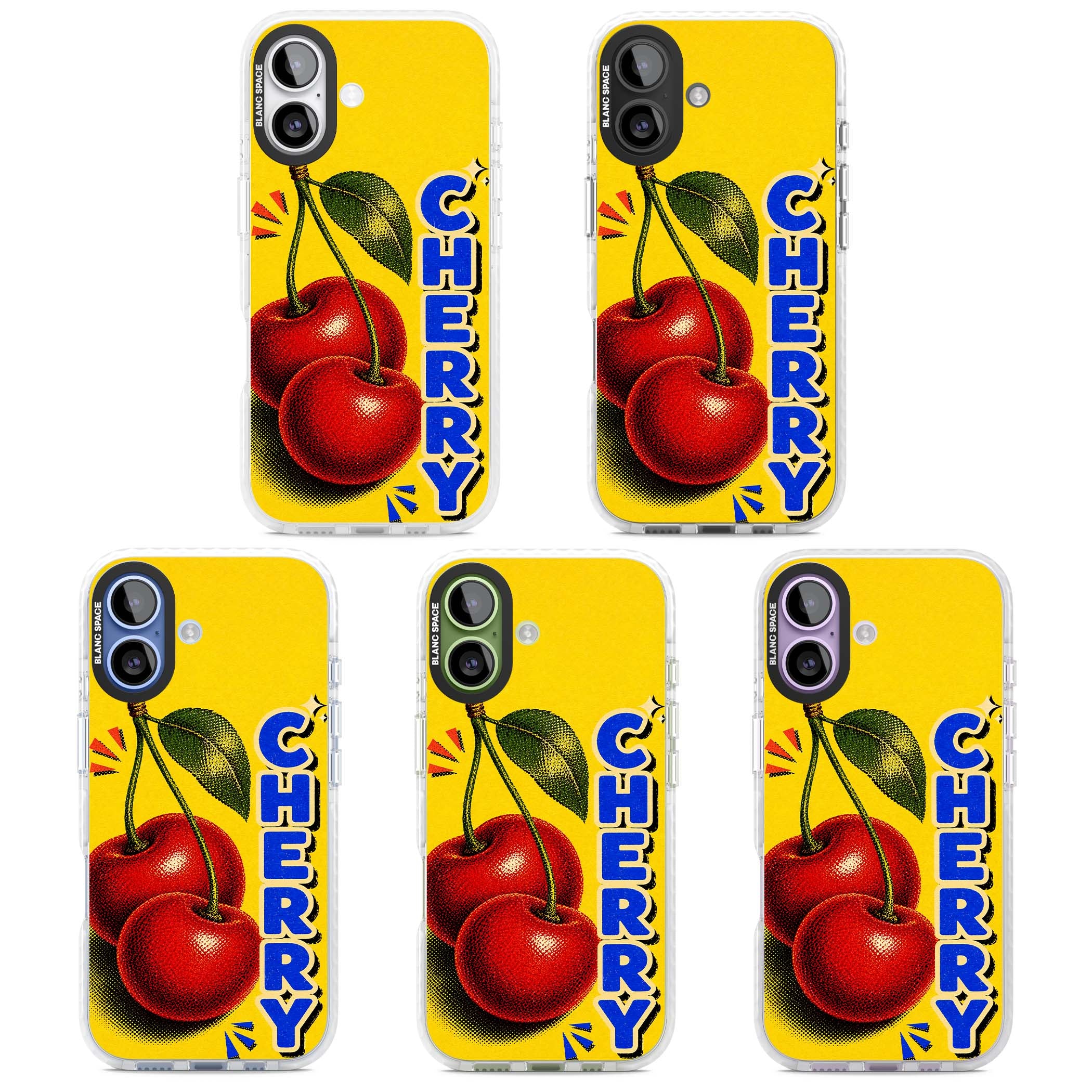 Cherry Yellow y2k iPhone case featuring two red cherries, halftone shading and bold blue CHERRY lettering on yellow | Black Impact case for iPhone 17