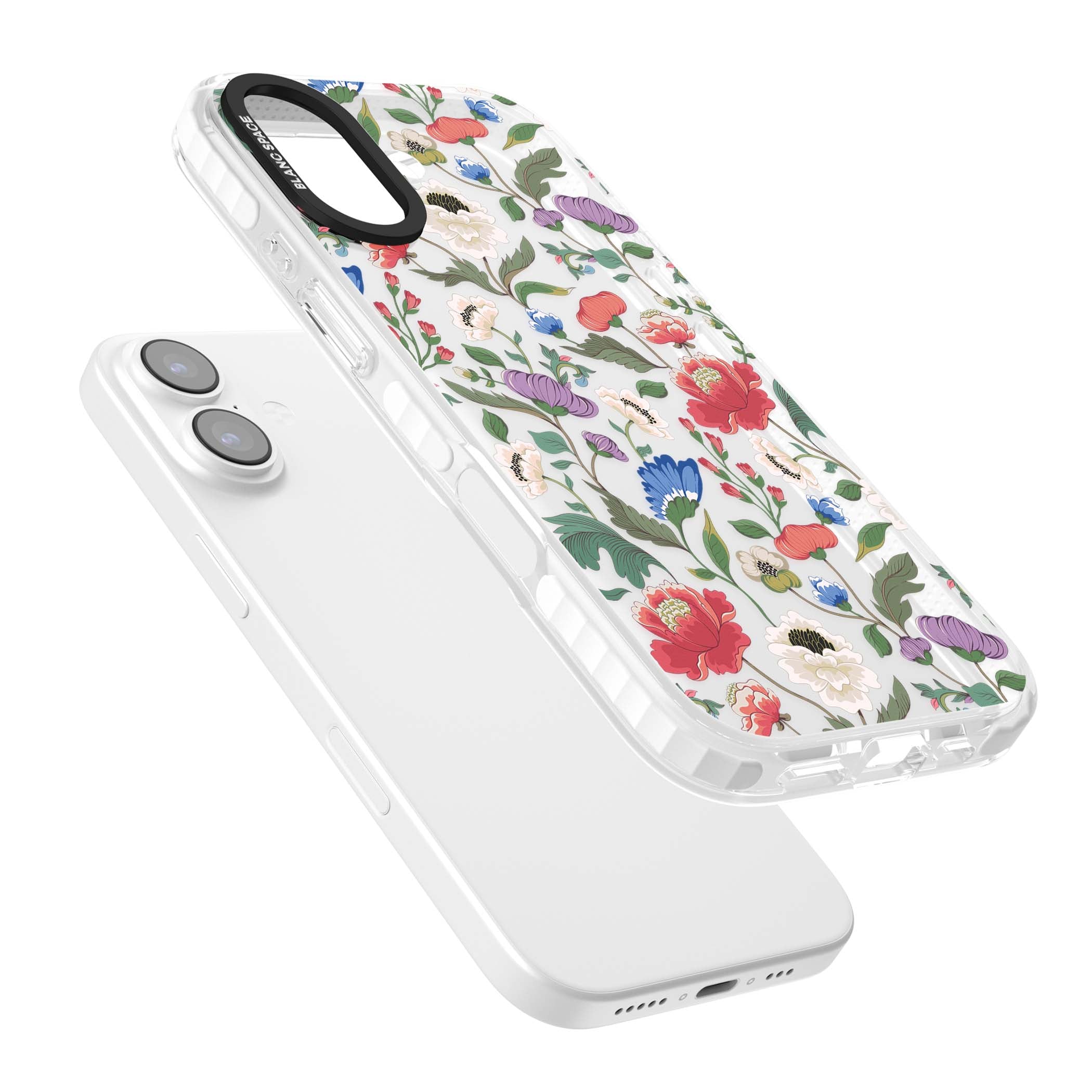 Chinoiserie Bloom vintage floral iPhone case featuring hand-painted peonies, poppies and trailing wildflowers on clear... | Black Impact case for iPhone 17