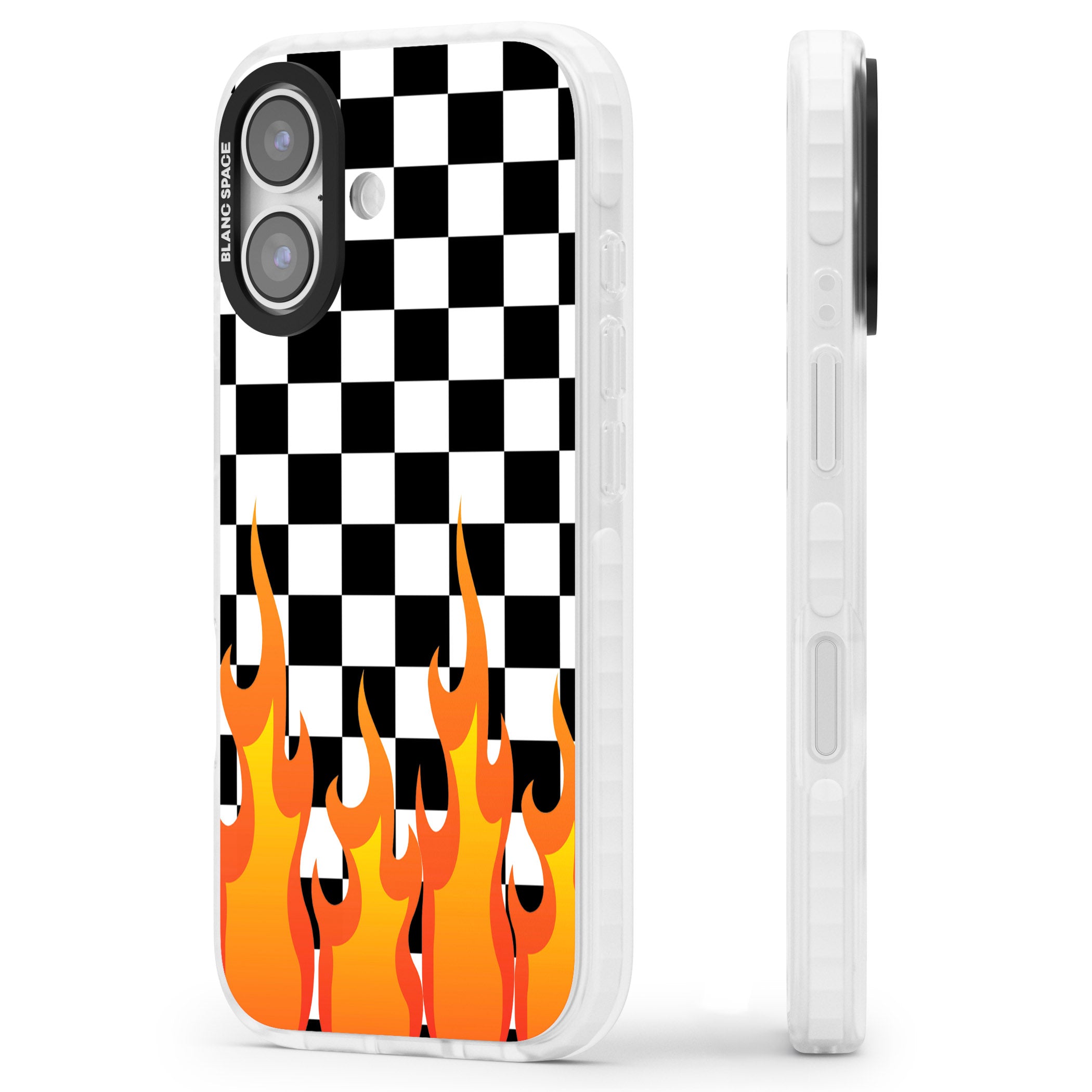 Checkered Fire iPhone 17 Impact Clear Phone Case Side Profile