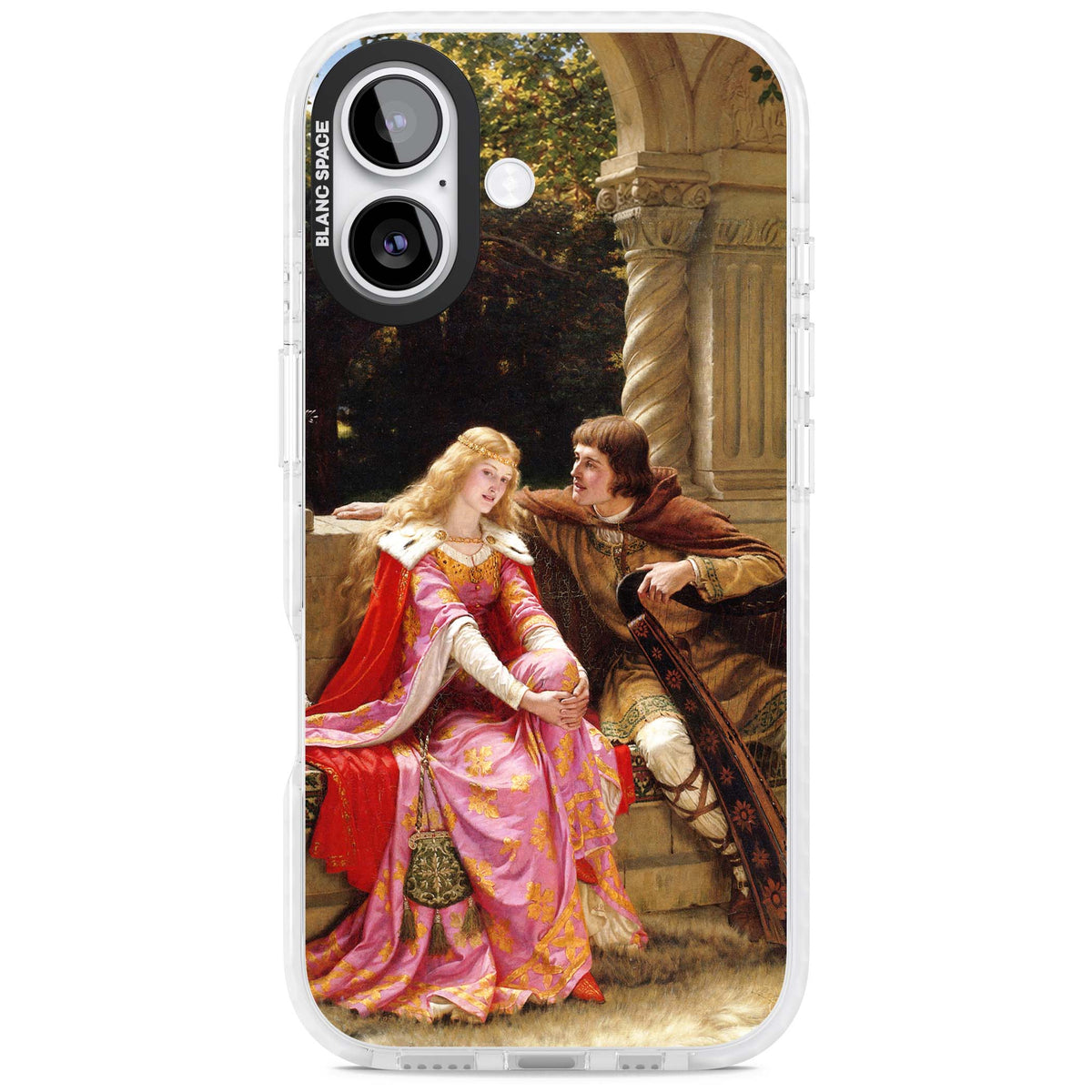 The End of the Song classic art iPhone case featuring a medieval lady in pink gown and her knight in a stone archway | Black Impact case for iPhone 17