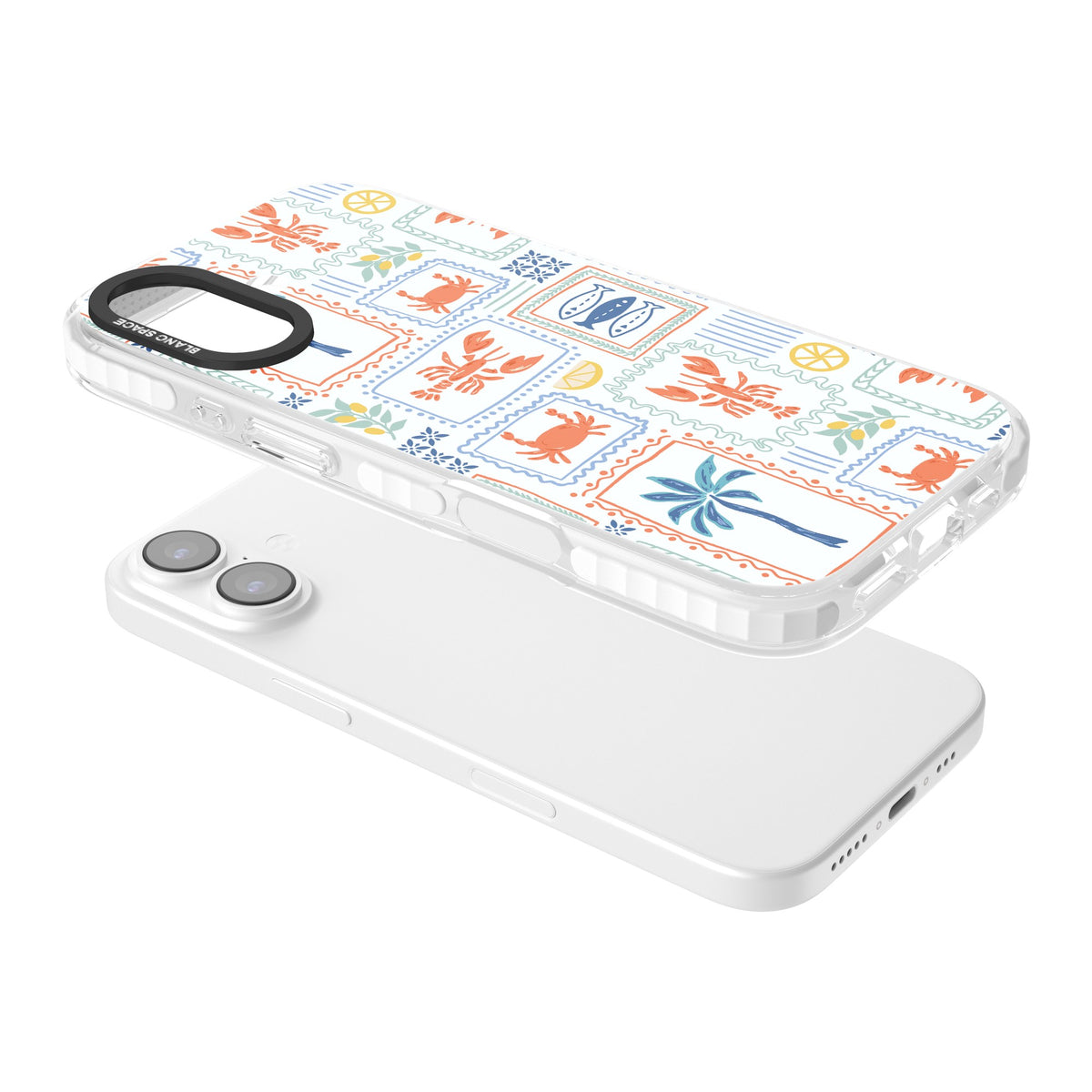 Seaside Stamps iPhone 16 / iPhone 16 Plus / iPhone 17 Impact Clear Phone Case angled