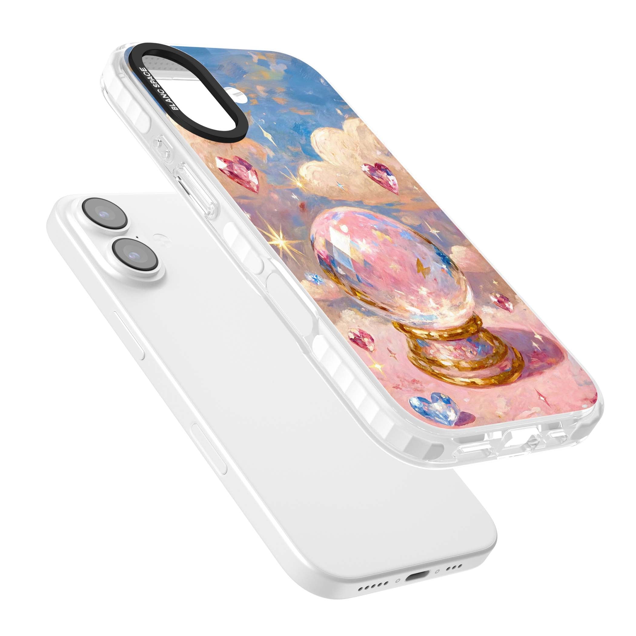 Crystal Ball fairycore iPhone case featuring a painted crystal ball, heart gemstones, and pastel clouds | Black Impact case for iPhone 17
