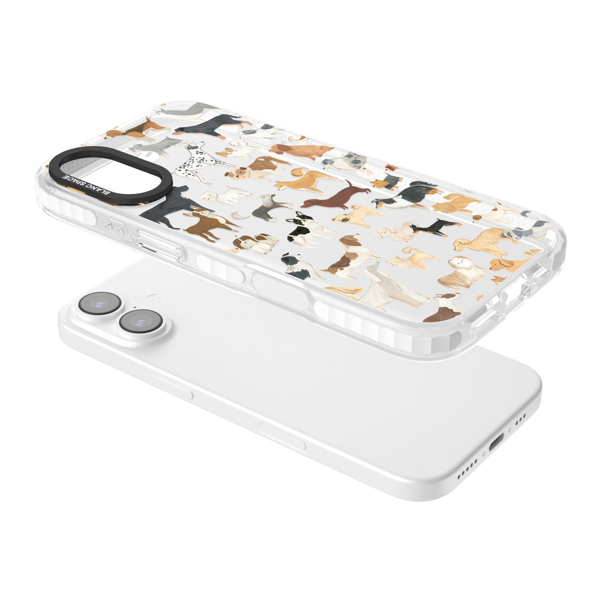 Hand Painted Dogs iPhone 16 / iPhone 16 Plus / iPhone 17 Impact Clear Phone Case angled