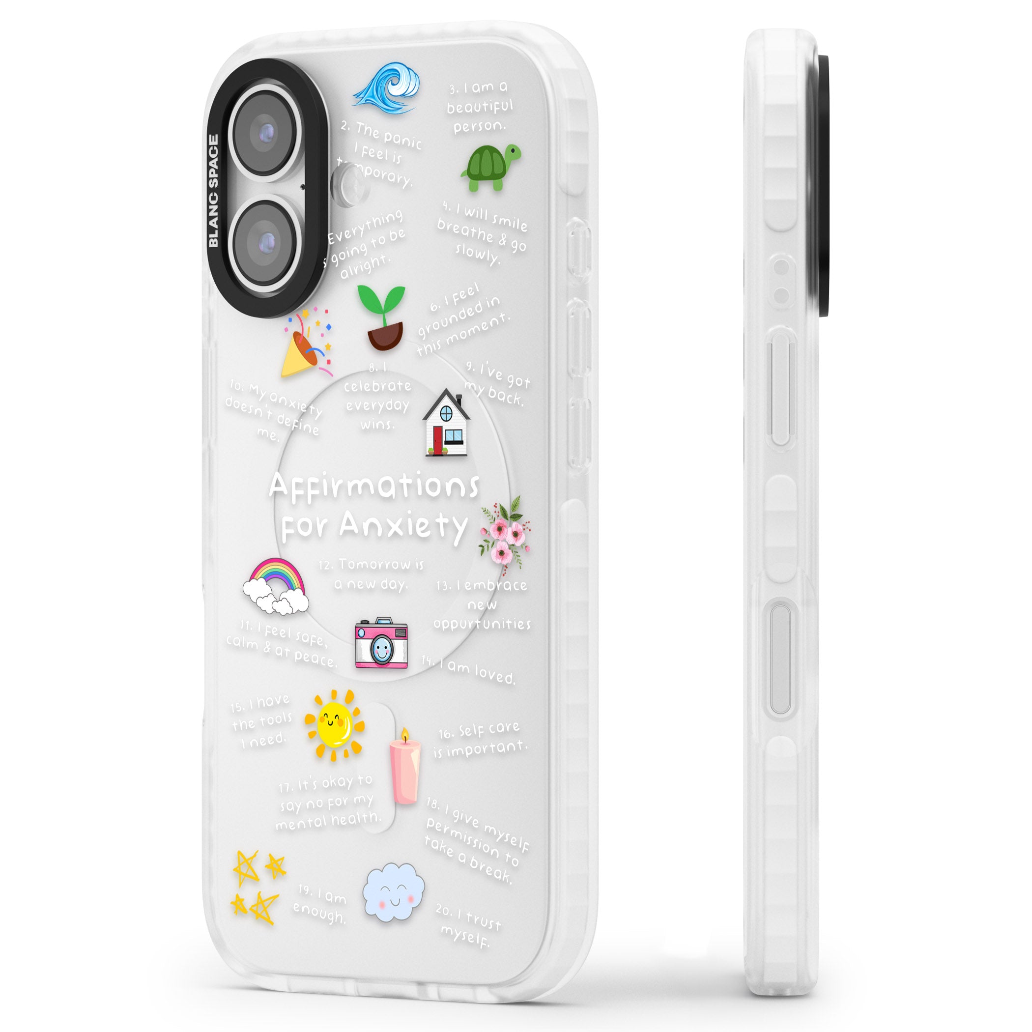 Anxiety White Text iPhone 17 Impact Clear Phone Case Side Profile