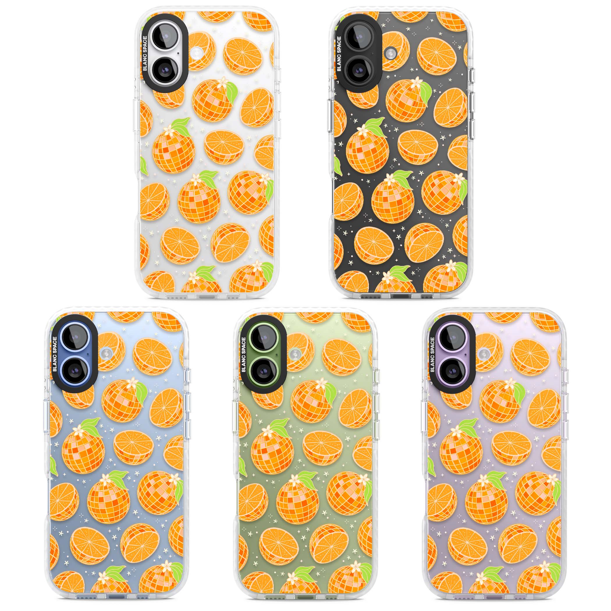 Disco Oranges retro iPhone case featuring mirrorball oranges, citrus slices and tiny blossoms on clear | Black Impact case for iPhone 17