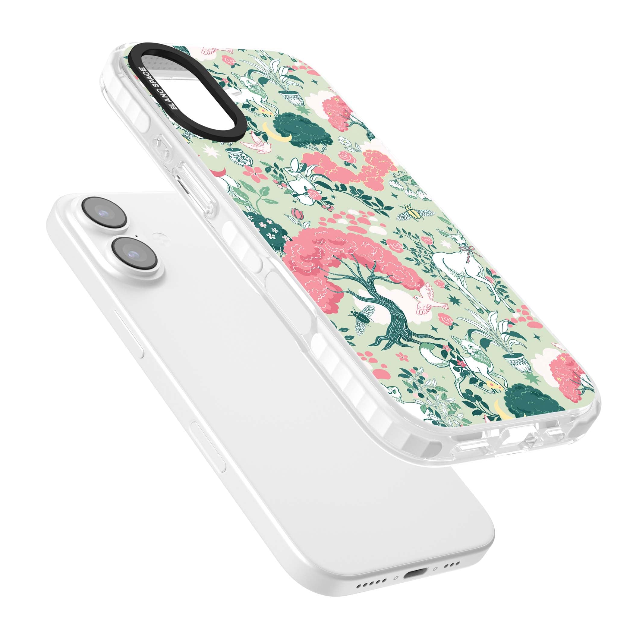 Enchanted Woodland cottagecore iPhone case featuring white deer, pink roses, mushrooms and woodland animals on sage green | Black Impact case for iPhone 17