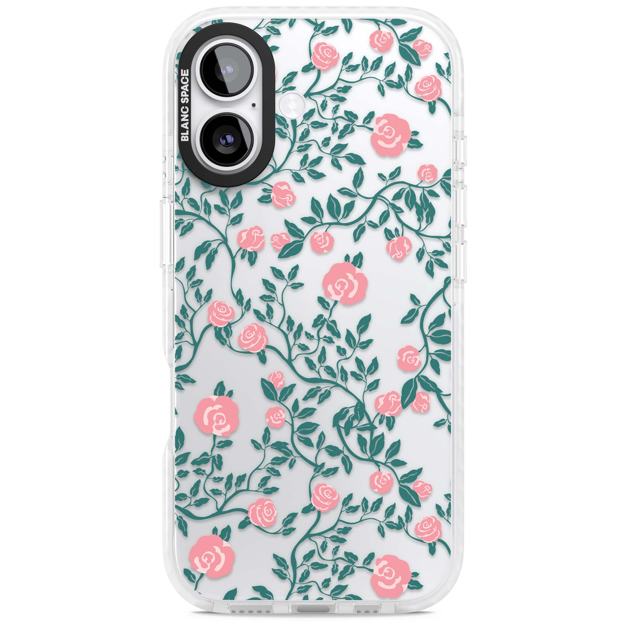 Rose Trellis (Clear) cottagecore iPhone case featuring pink climbing roses and green leaves on clear background | Black Impact case for iPhone 17