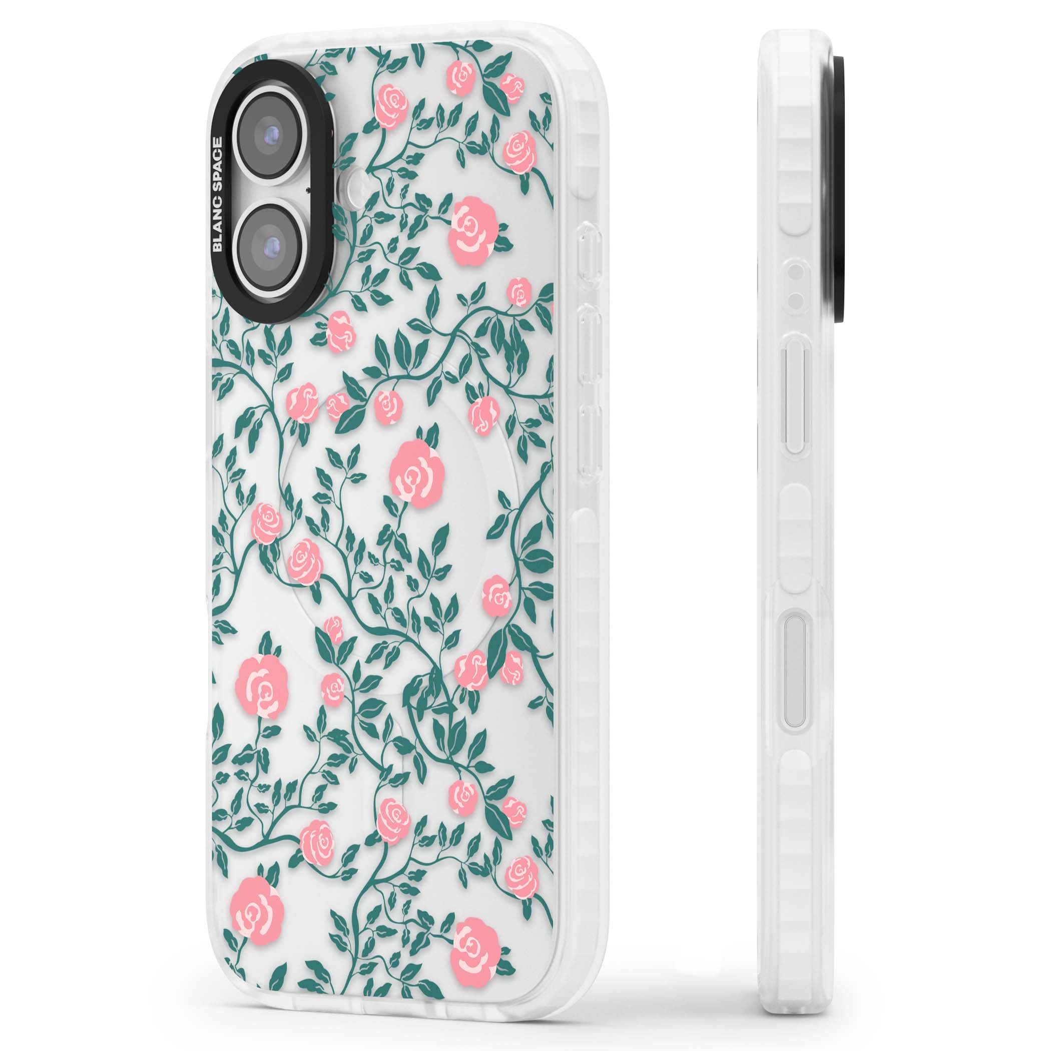 Rose Trellis (Clear) cottagecore iPhone case featuring pink climbing roses and green leaves on clear background | Black Impact case for iPhone 17