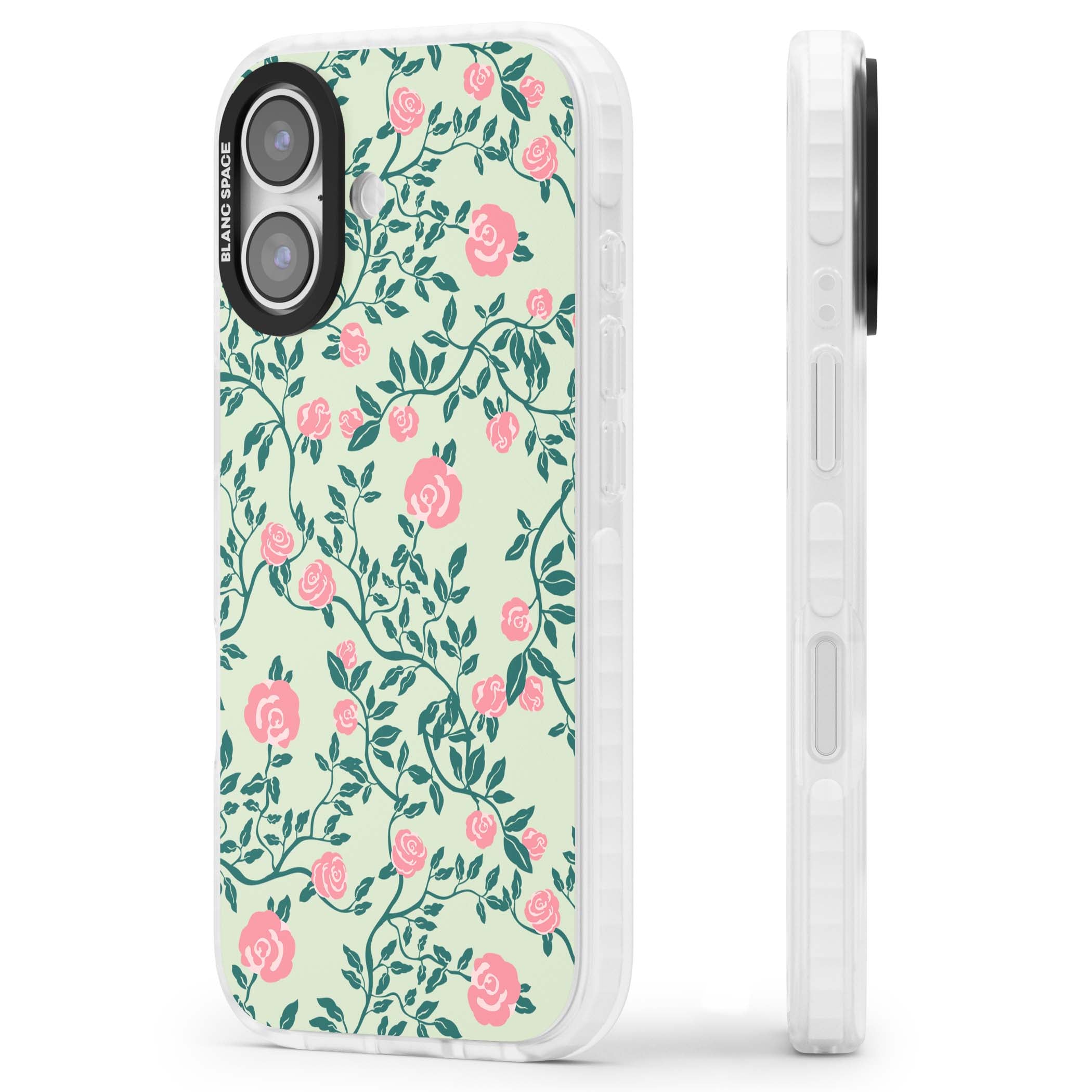 Rose Trellis cottagecore iPhone case featuring pink roses, sage green vines, and mint background | Black Impact case for iPhone 17