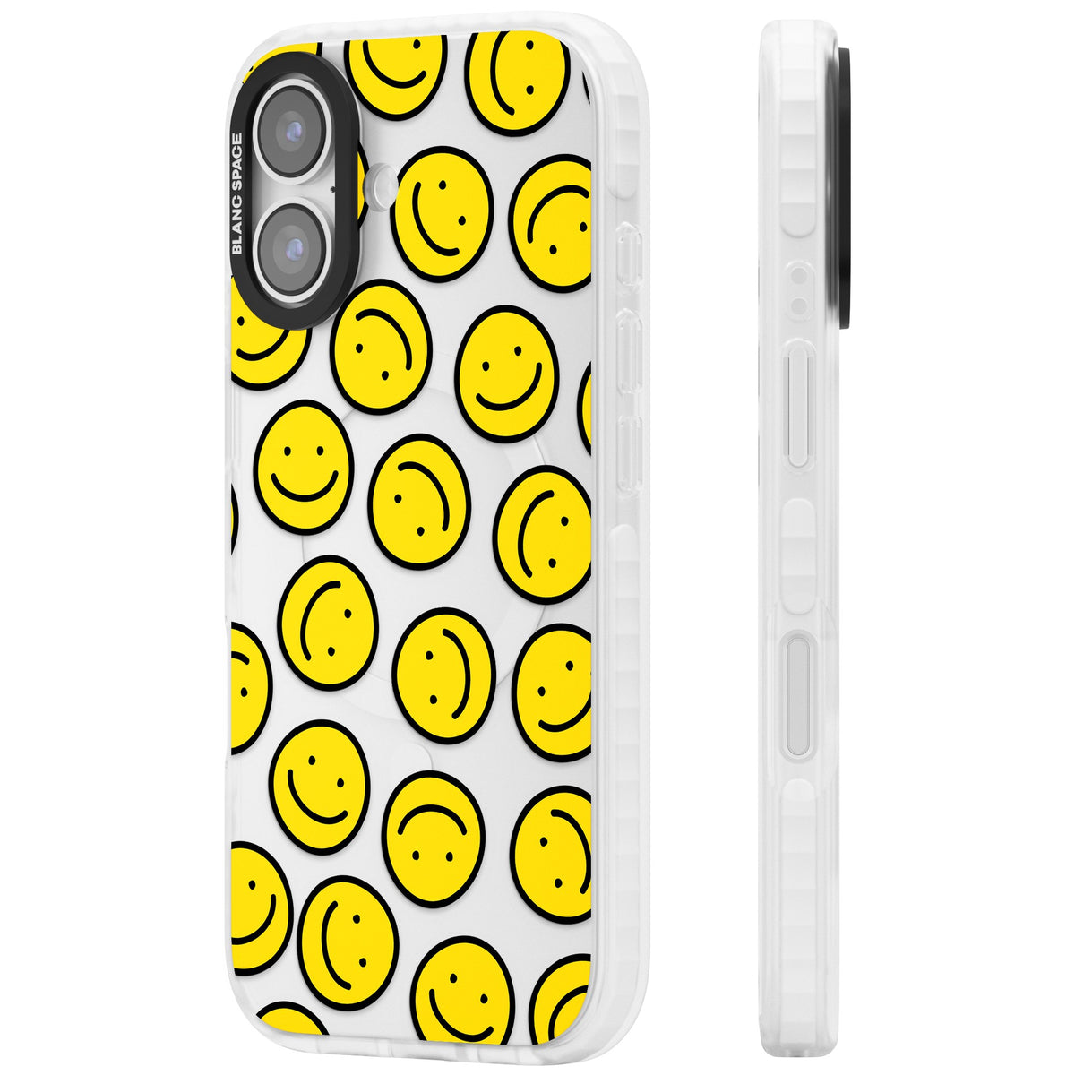 Smiley Face Pattern iPhone 16 / iPhone 16 Plus / iPhone 17 Impact Clear Phone Case side
