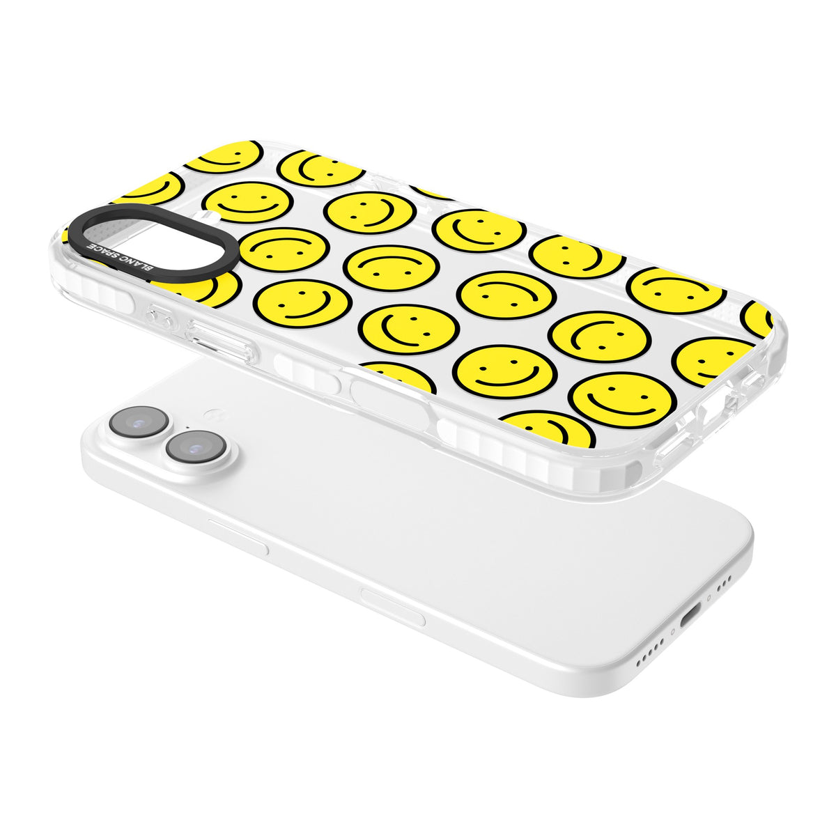 Smiley Face Pattern iPhone 16 / iPhone 16 Plus / iPhone 17 Impact Clear Phone Case angled