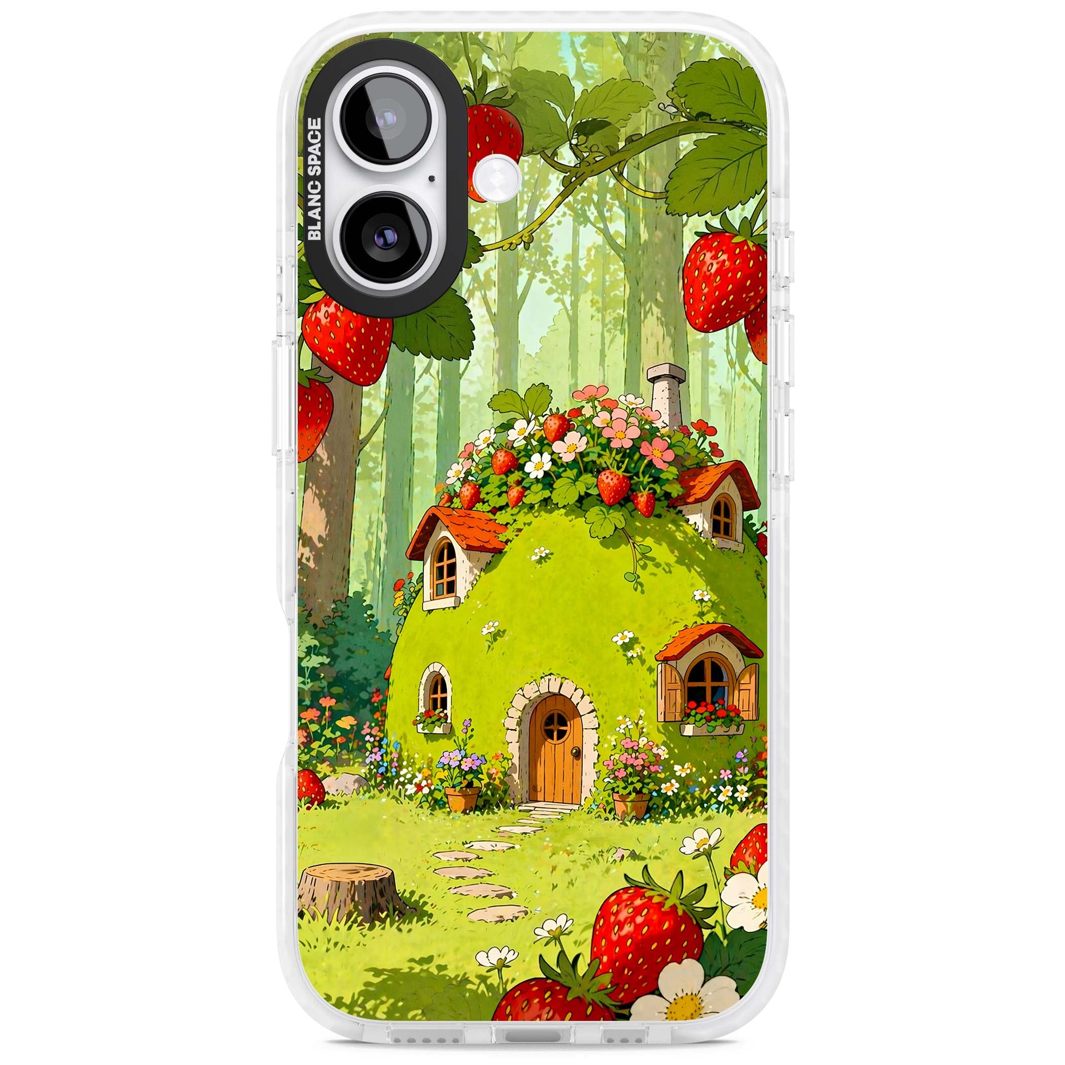 Strawberry Cottage cottagecore iPhone case featuring a green fairy house, wild strawberries and enchanted forest flowers | Black Impact case for iPhone 17