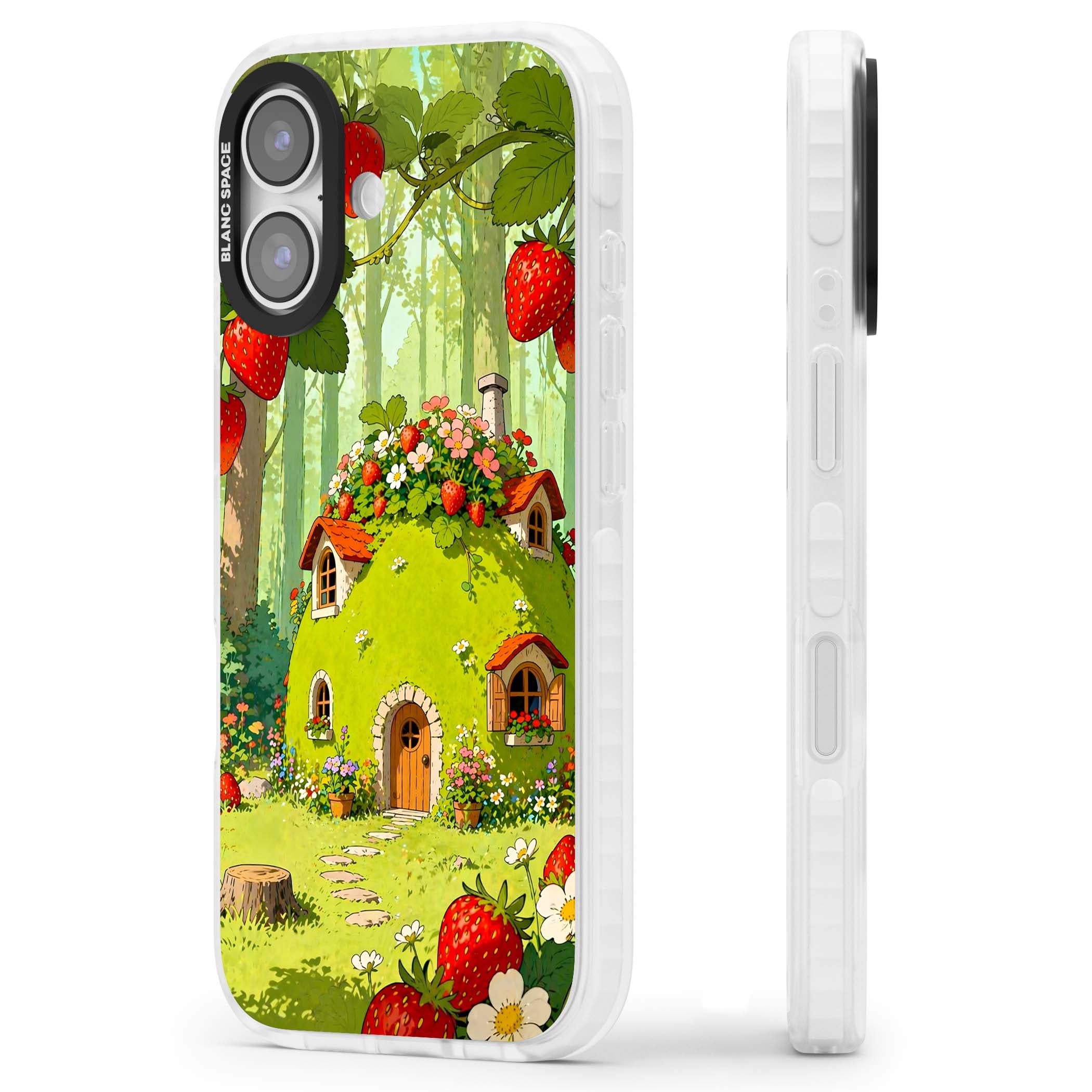 Strawberry Cottage cottagecore iPhone case featuring a green fairy house, wild strawberries and enchanted forest flowers | Black Impact case for iPhone 17