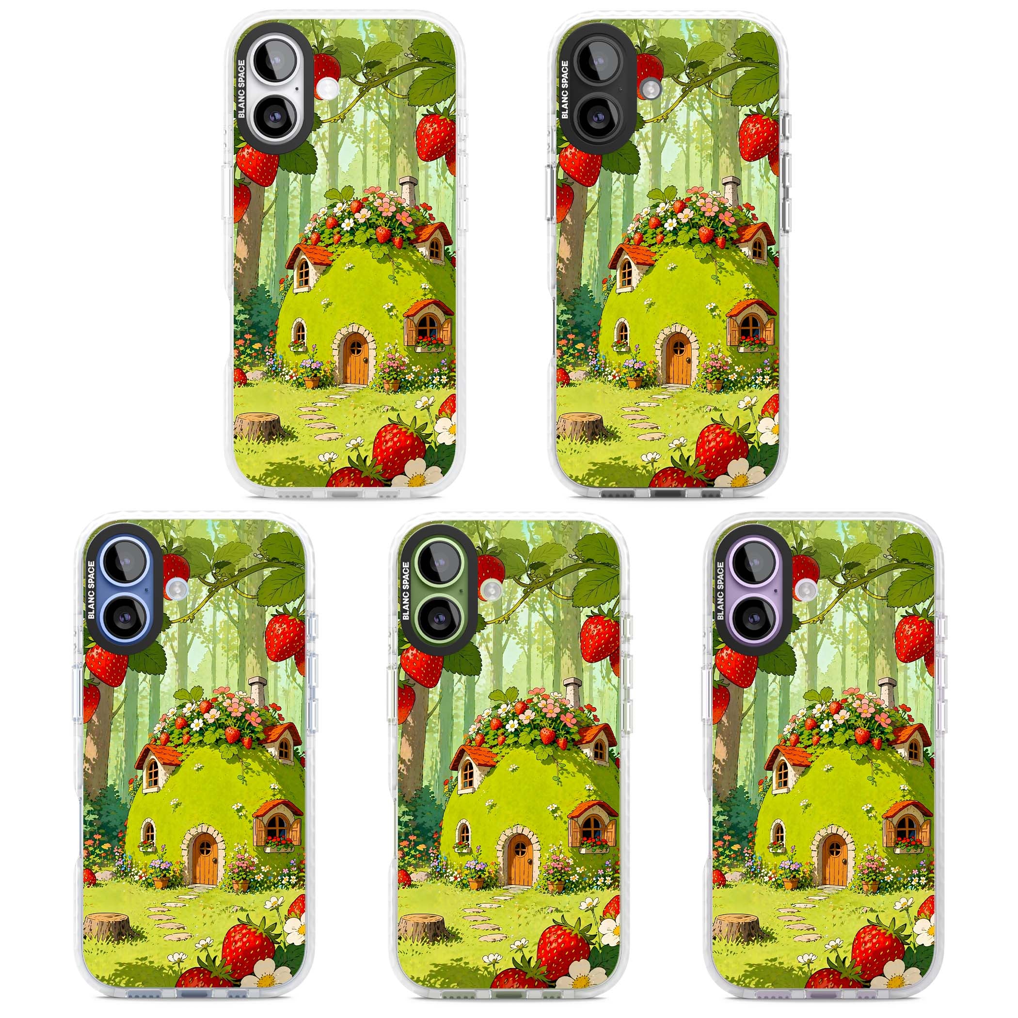 Strawberry Cottage cottagecore iPhone case featuring a green fairy house, wild strawberries and enchanted forest flowers | Black Impact case for iPhone 17